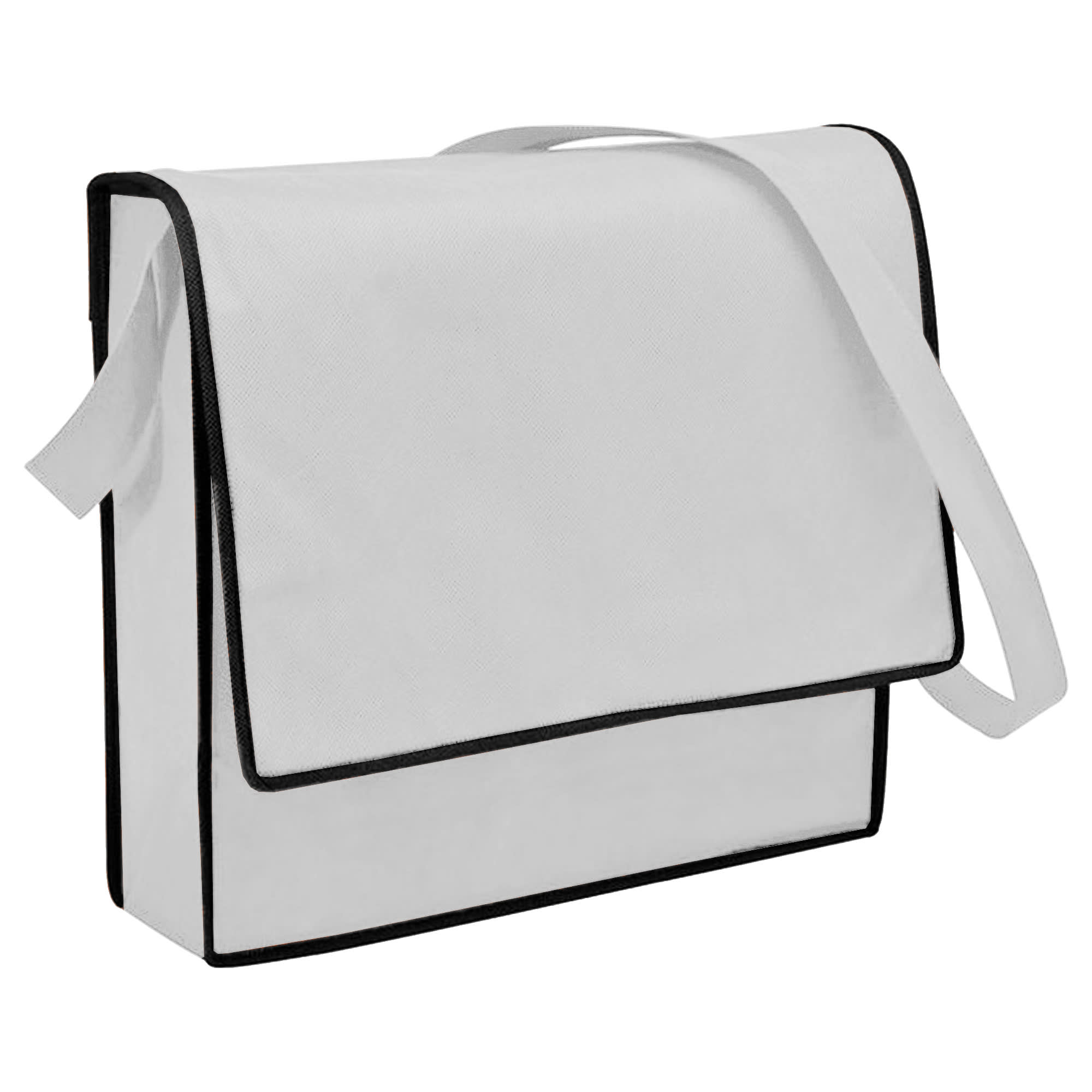 A white non-woven flap satchel with black trim and a shoulder strap, featuring a logo on the front.
