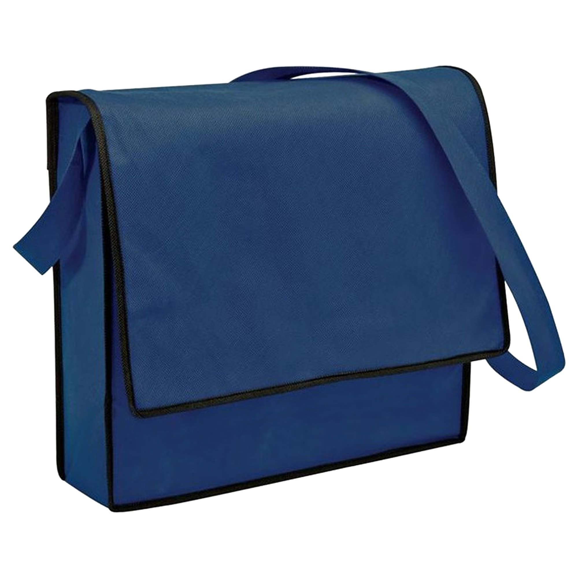 A blue non-woven flap satchel with a shoulder strap and black trim, featuring a logo.