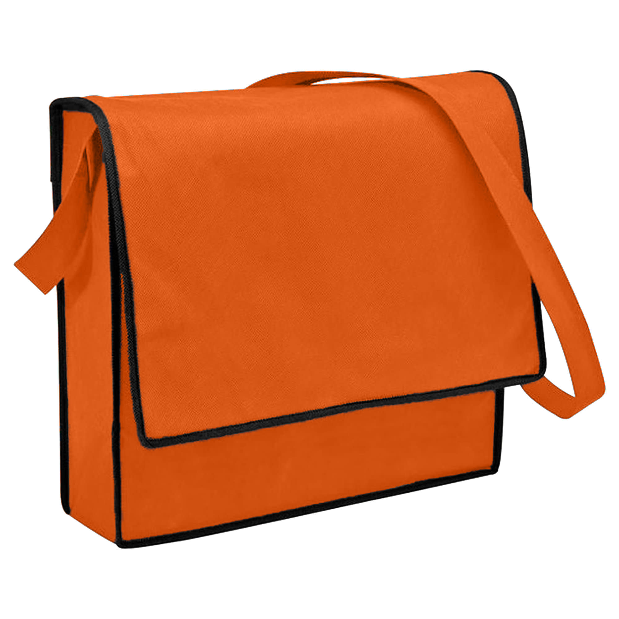 An orange non-woven flap satchel with black trim and a shoulder strap. It features a logo on the front.