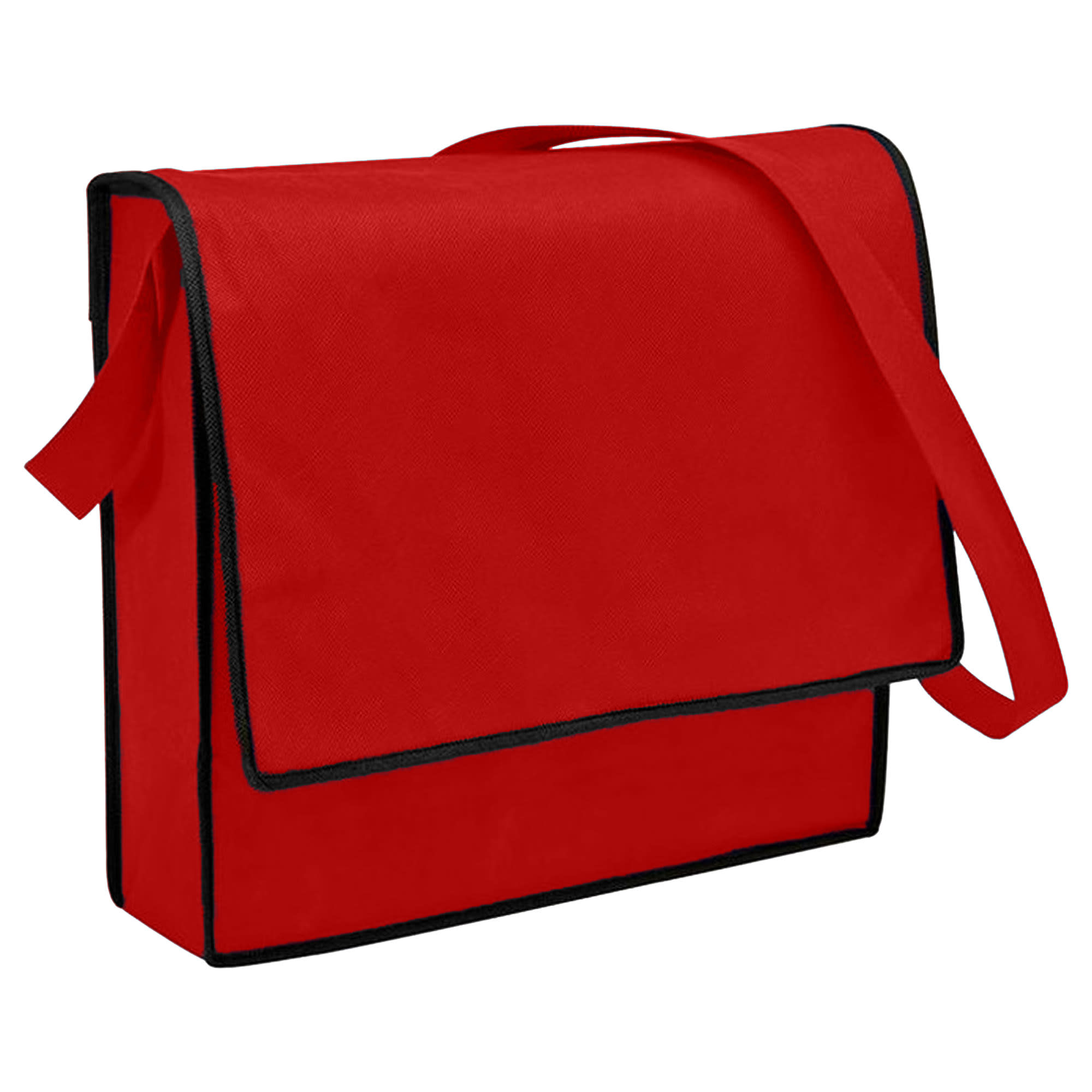 A red non-woven flap satchel bag with a black trim and a shoulder strap. It features a flap closure and has a logo.