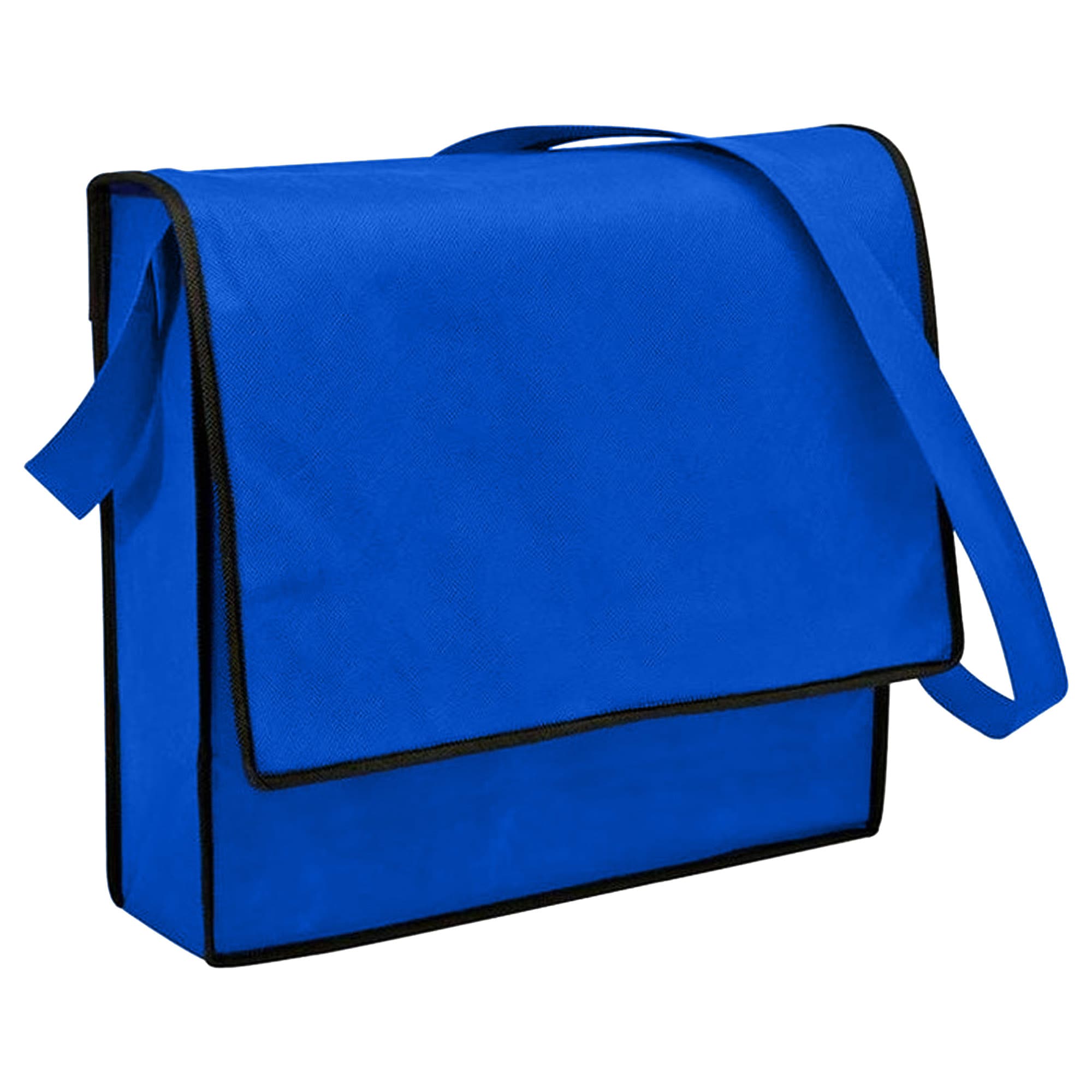 A blue non-woven flap satchel with a black trim and an adjustable shoulder strap, featuring a flap closure.