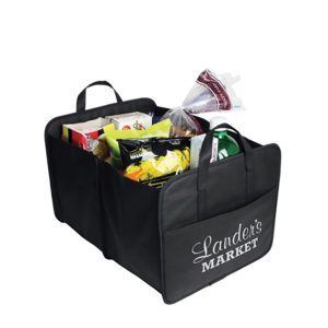 A black non-woven cargo organiser filled with various grocery items, featuring sturdy handles and a logo.