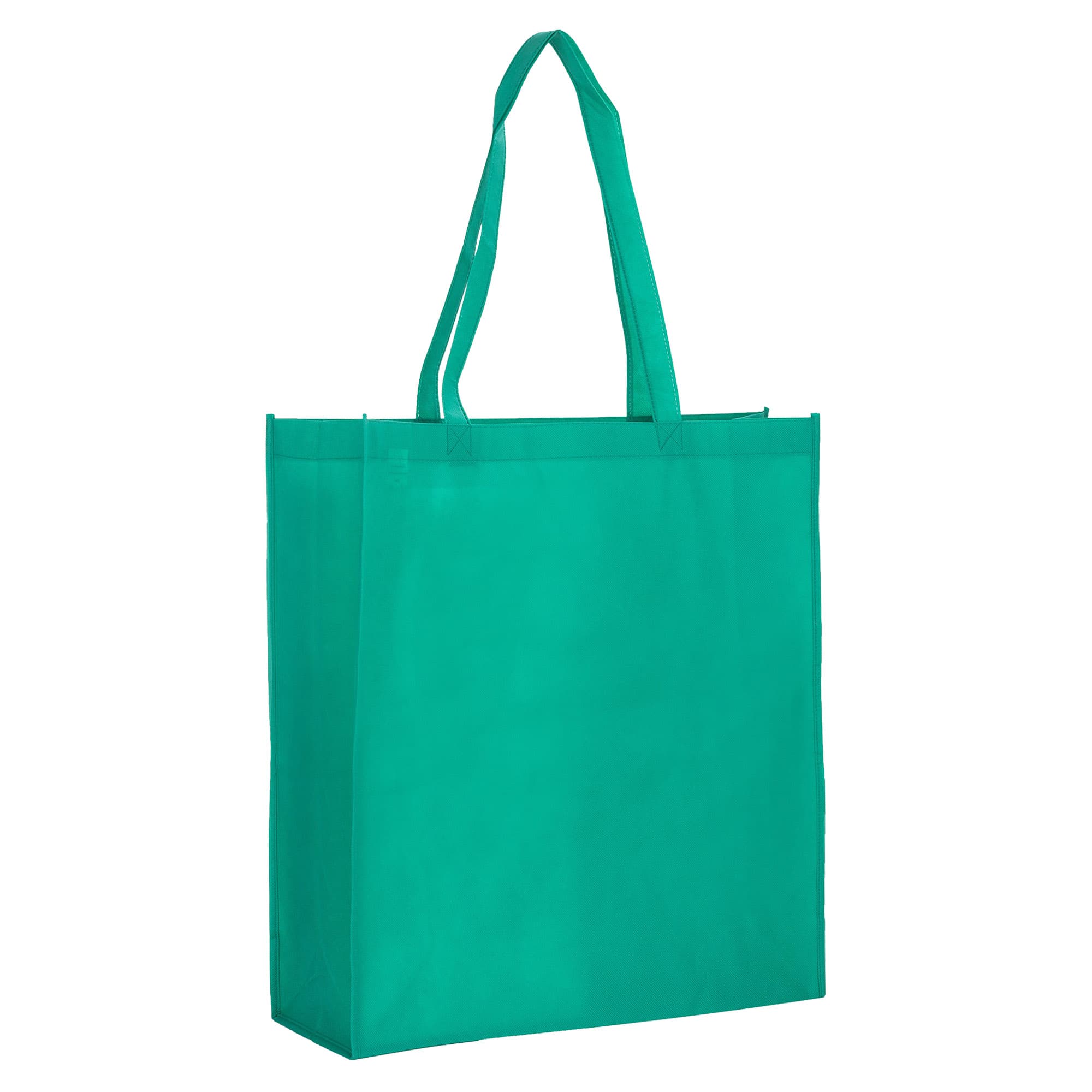 A large green reusable grocery bag with gusseted sides and two handles, featuring a logo.