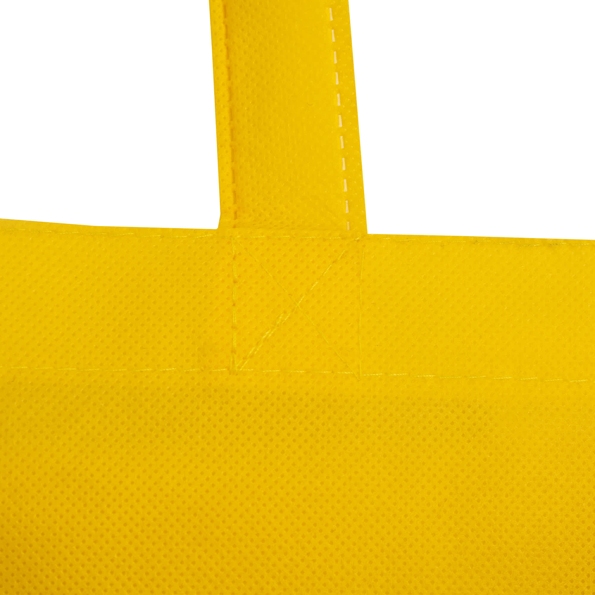 A yellow non-woven reusable grocery bag with an extra-large gusset and sturdy handles, featuring branding.