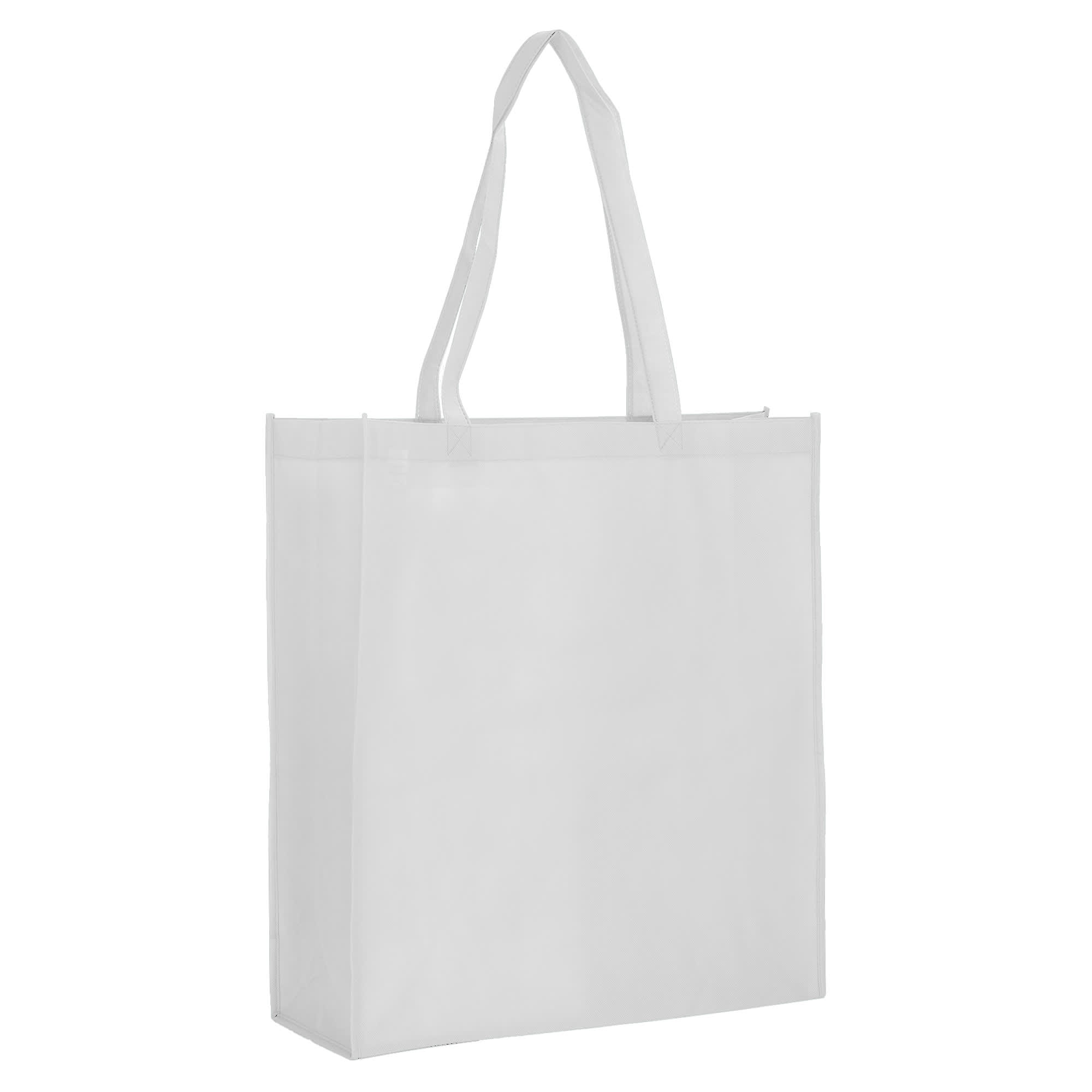 A large white non-woven reusable grocery bag with a gusset and two handles. It features a logo.