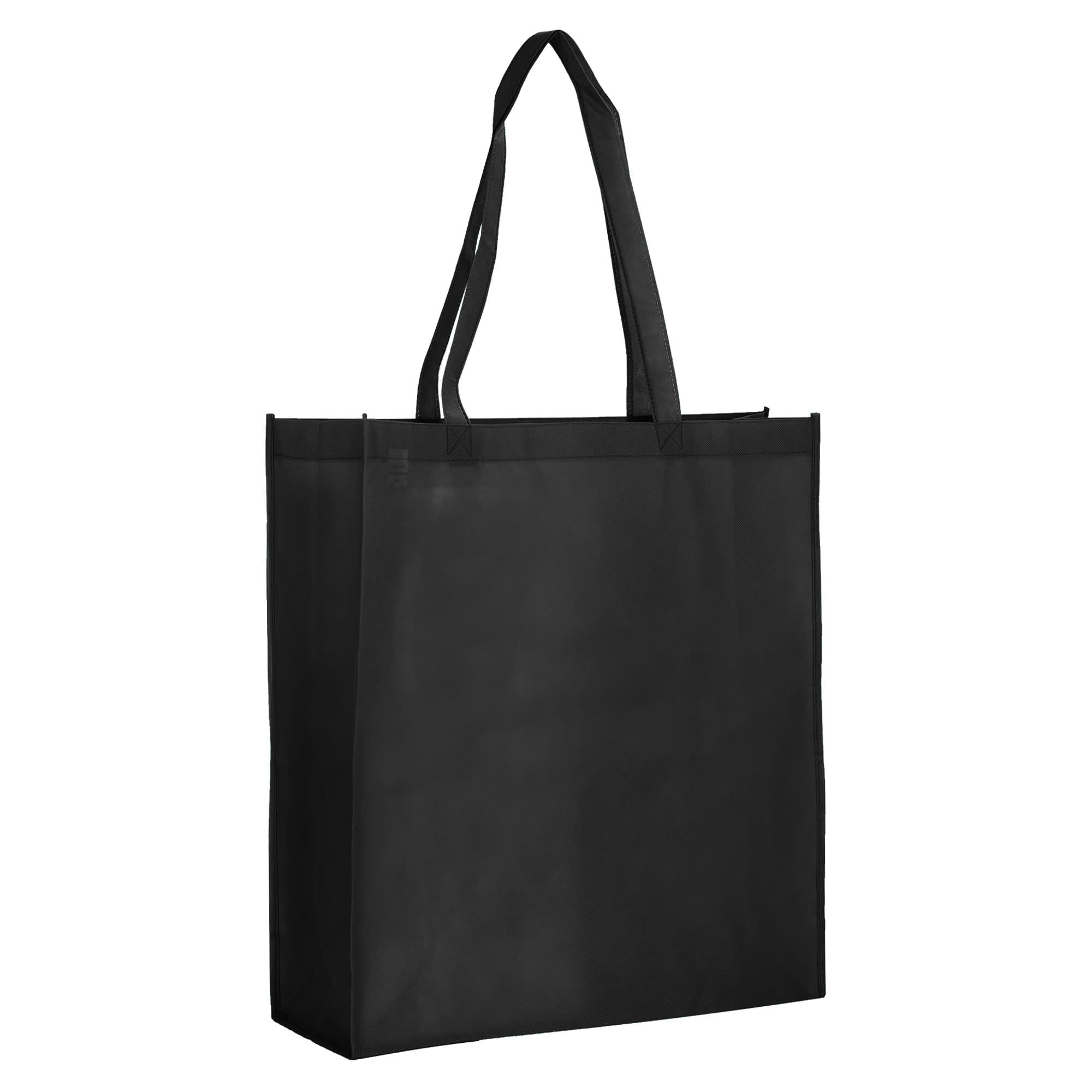 A large black non-woven bag with gussets and two handles, featuring a logo.