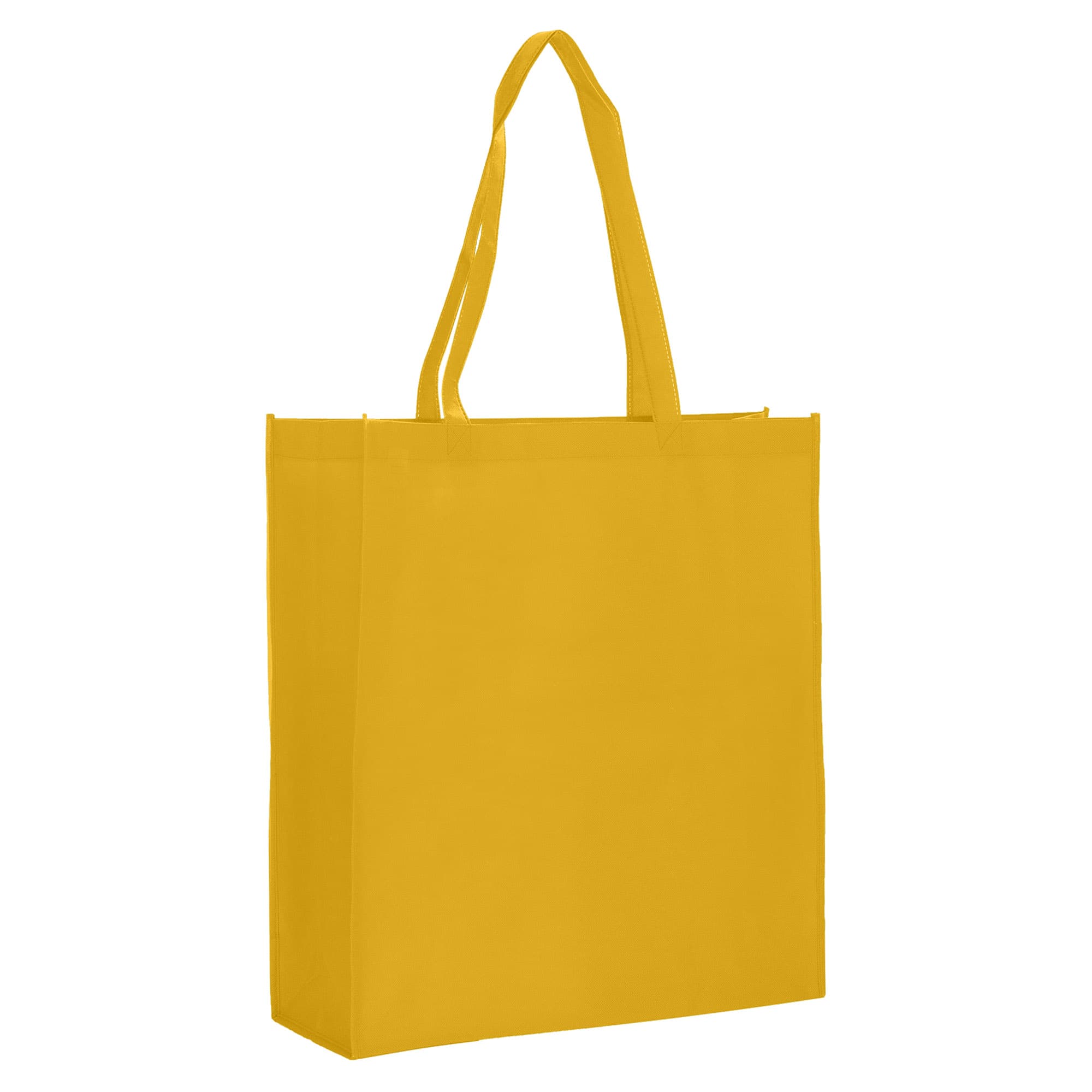 A large yellow non-woven bag with gusset and long handles, featuring a logo.