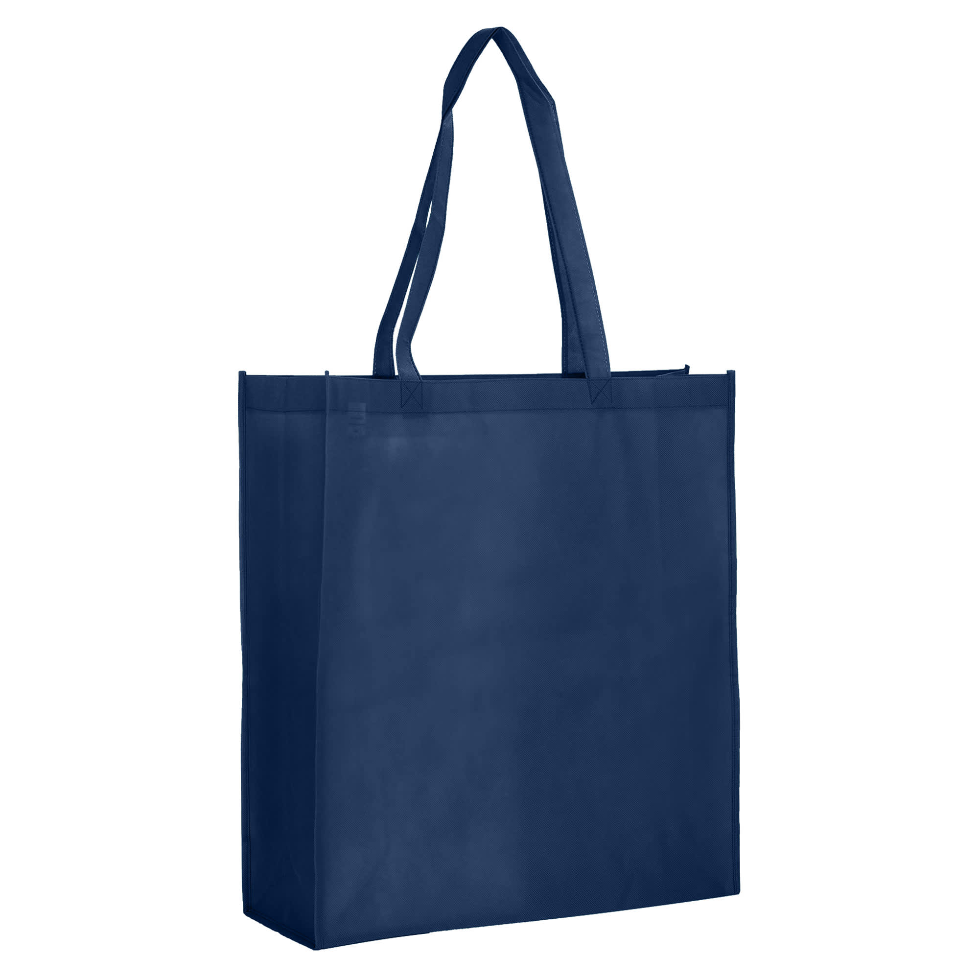 A navy blue extra-large non-woven bag with a gusset and long handles. It has a simple design and a logo.