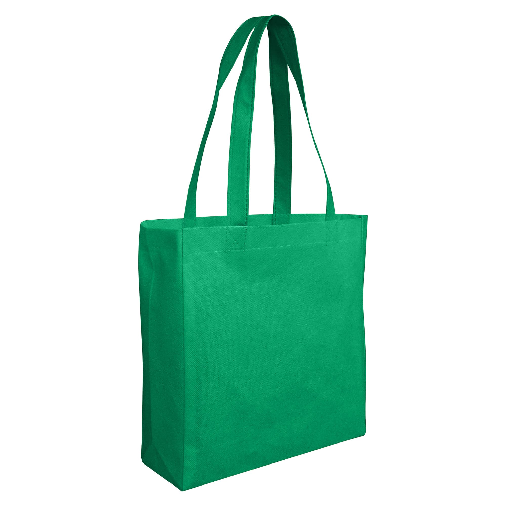 A green non-woven reusable grocery bag with two tote straps and a simple design. It has a logo on one side.