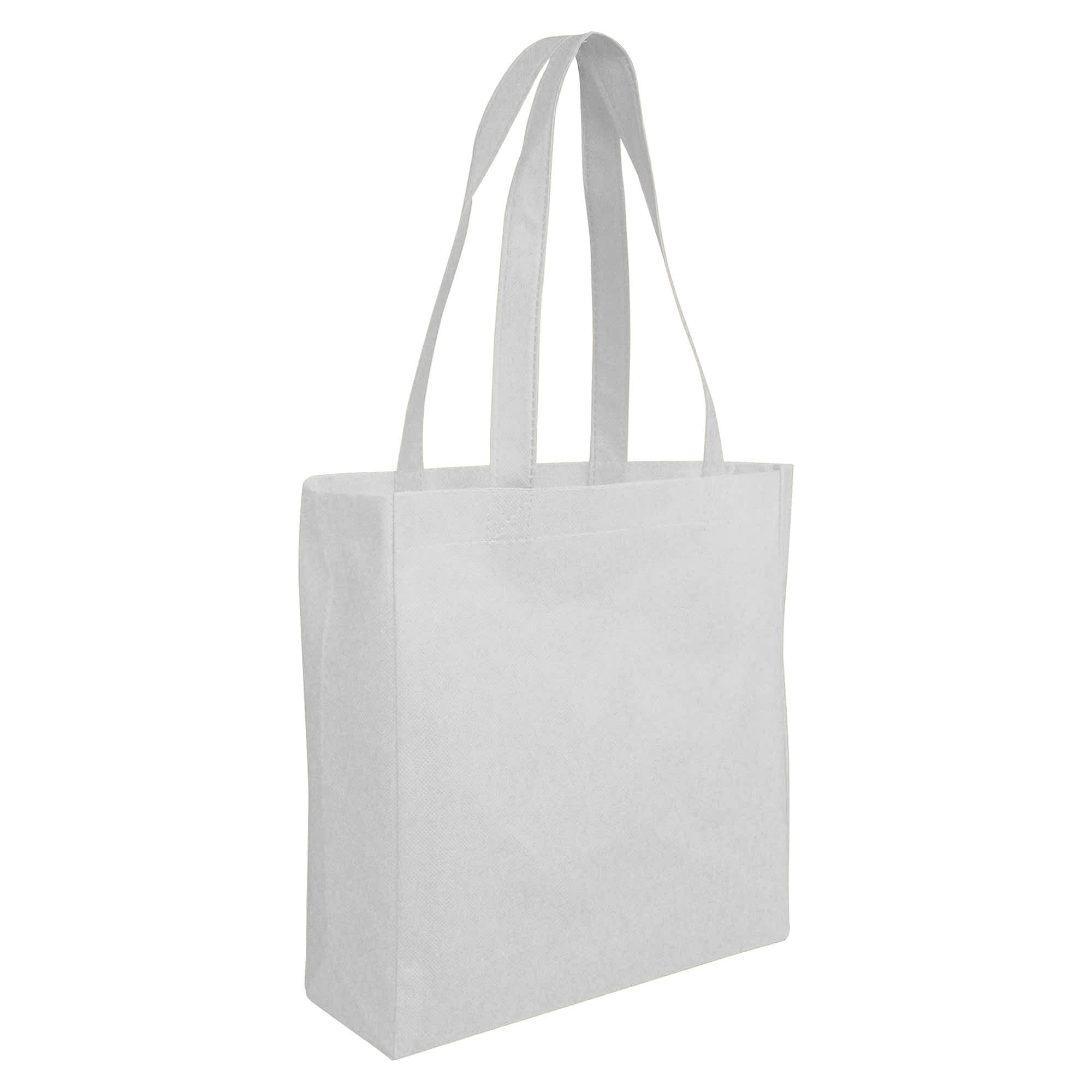 A white non-woven small shopper bag with long handles and a plain design. It features a branding logo.