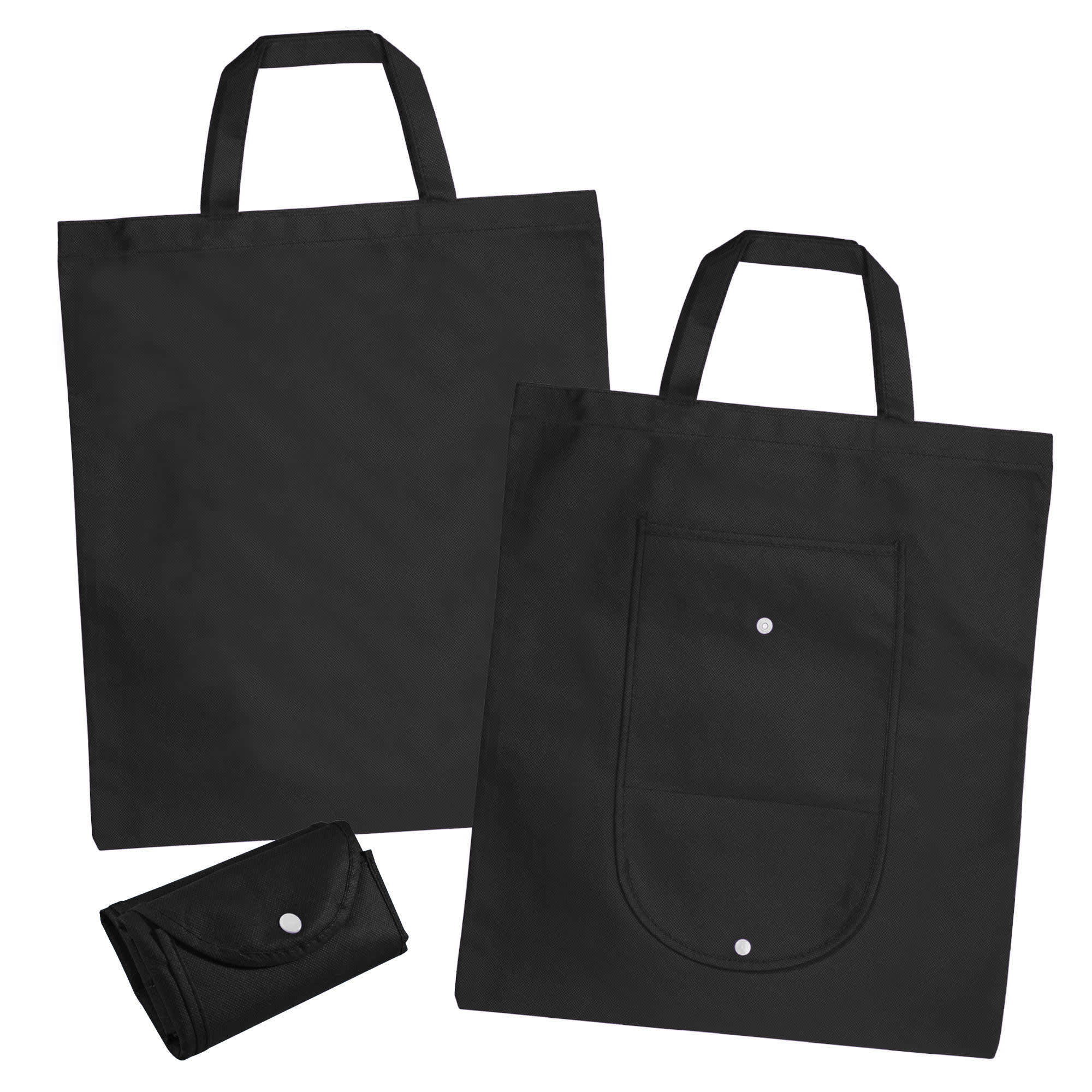A black non-woven foldable shopping bag displayed alongside a folded version. Both feature handles and a pocket.