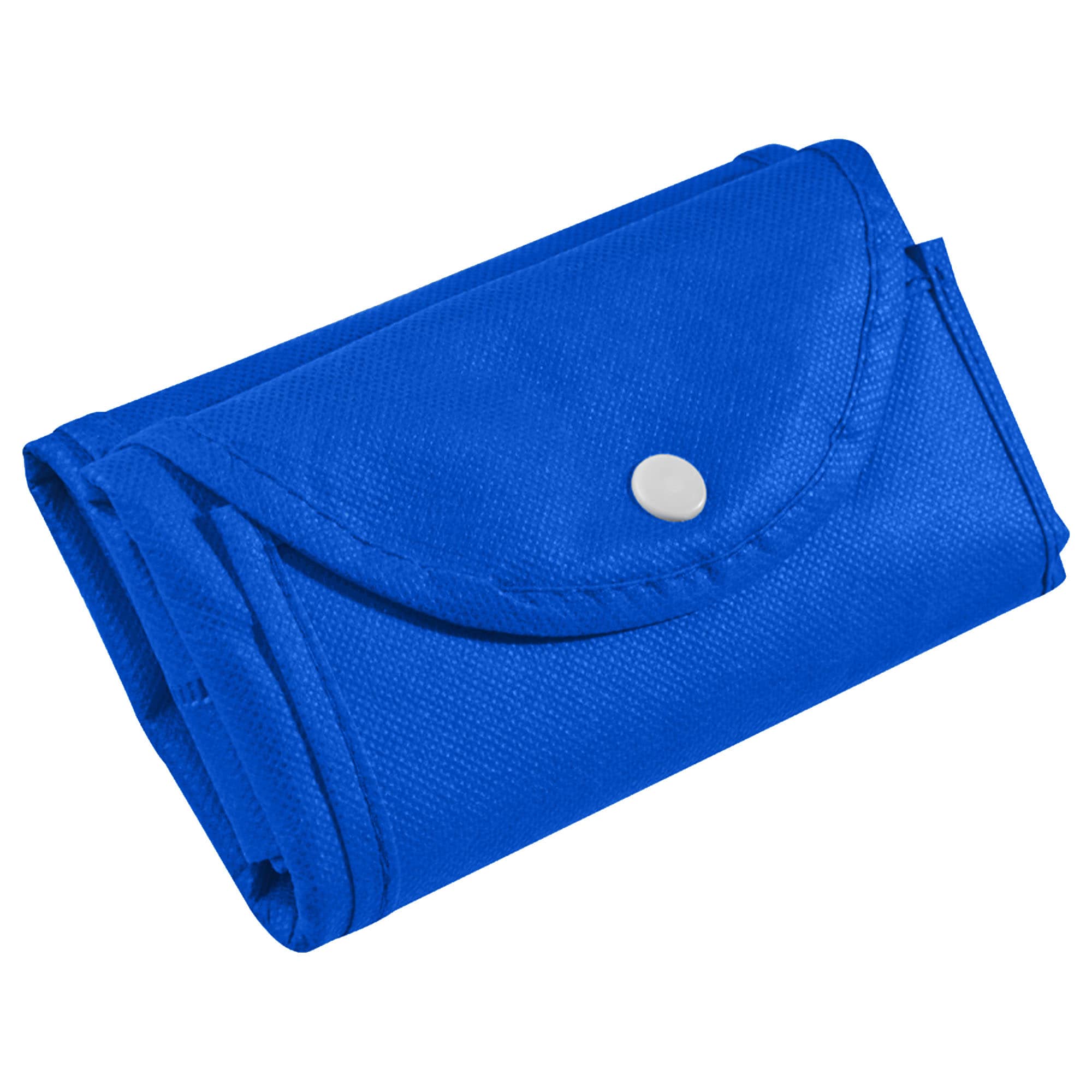 A folded blue non-woven shopping bag with a snap closure and a logo.