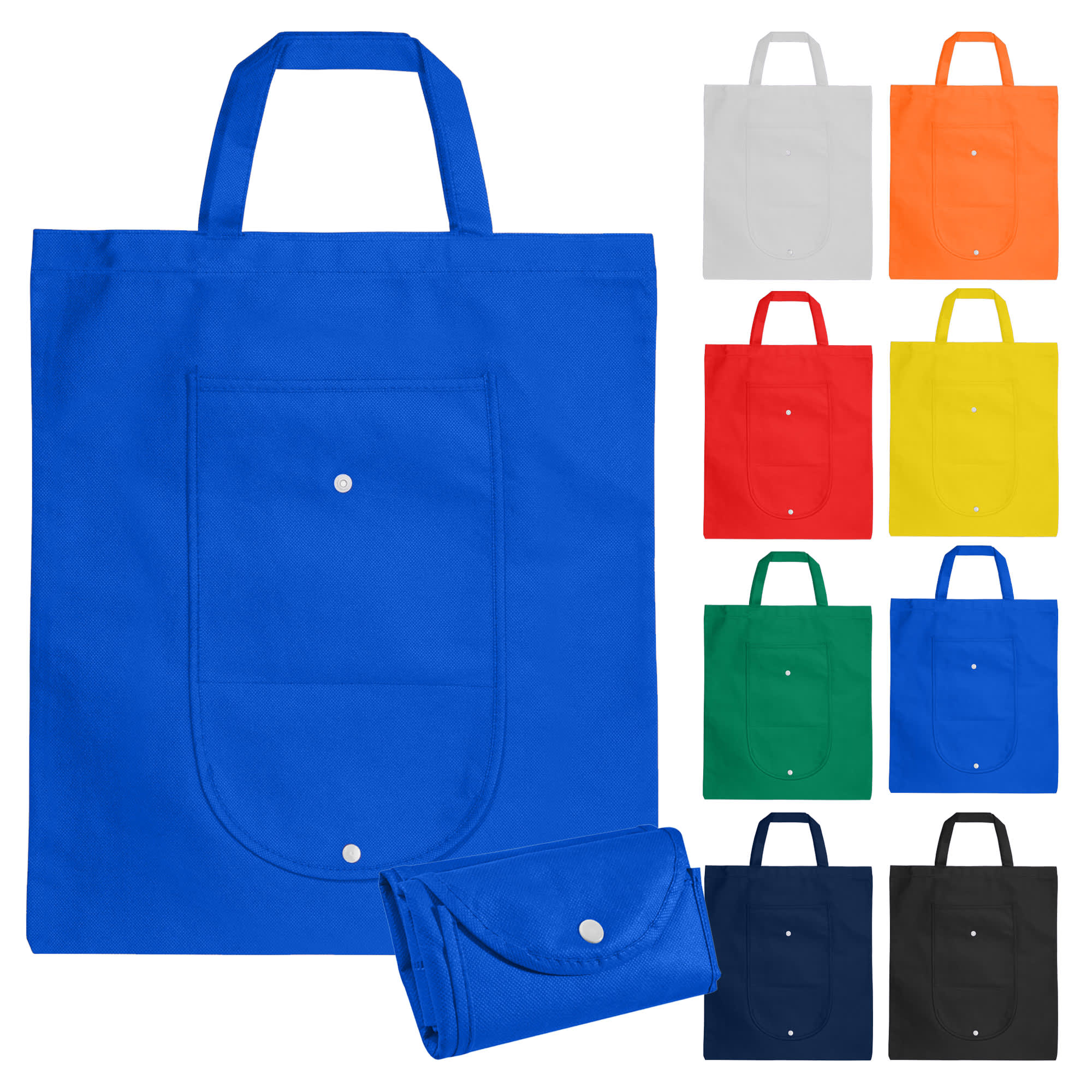 A blue foldable shopping bag with a front pocket, displayed alongside bags in various colours, including white, orange, yellow, green, and black.