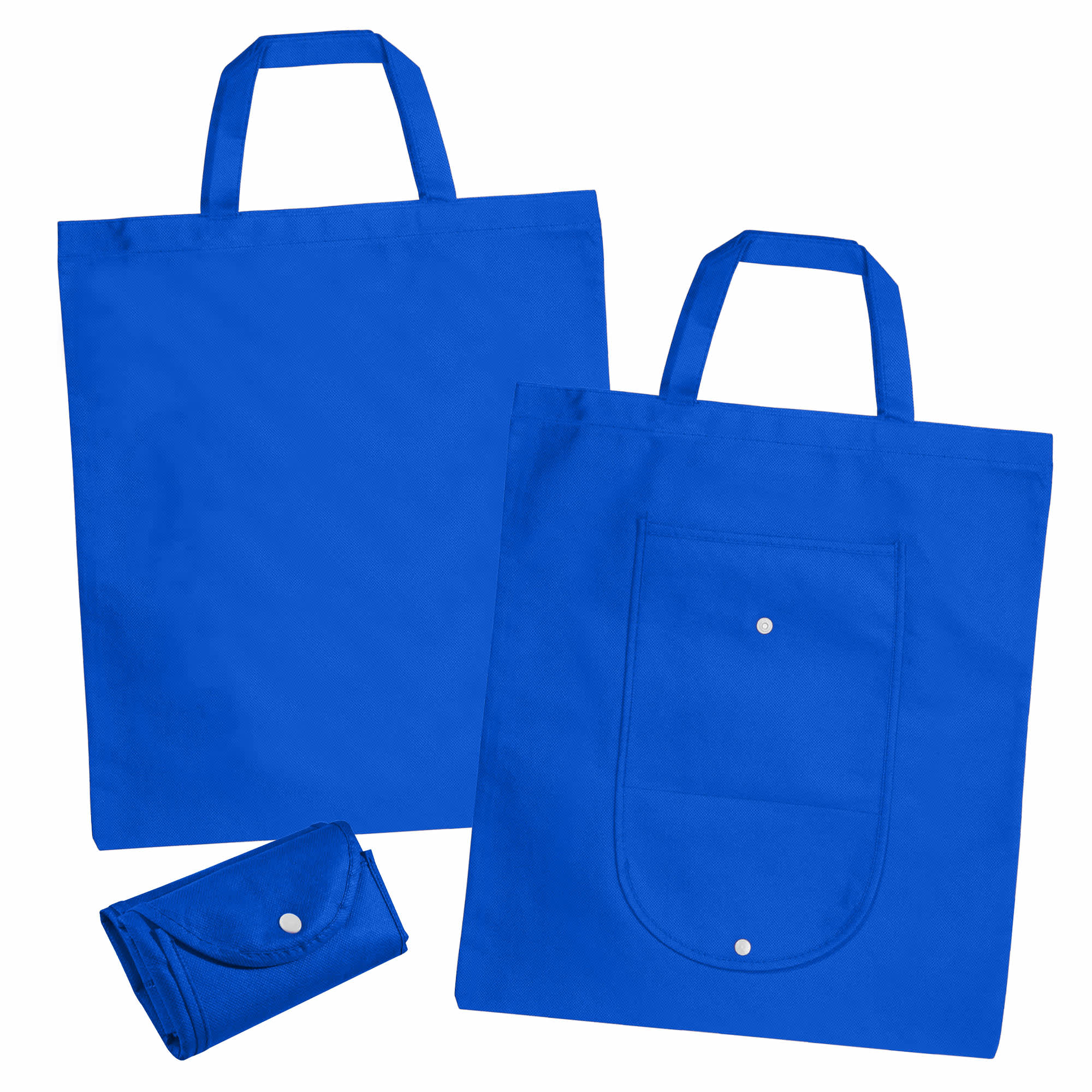 A blue non-woven foldable shopping bag with two handles and a front pocket, accompanied by a smaller folded version.