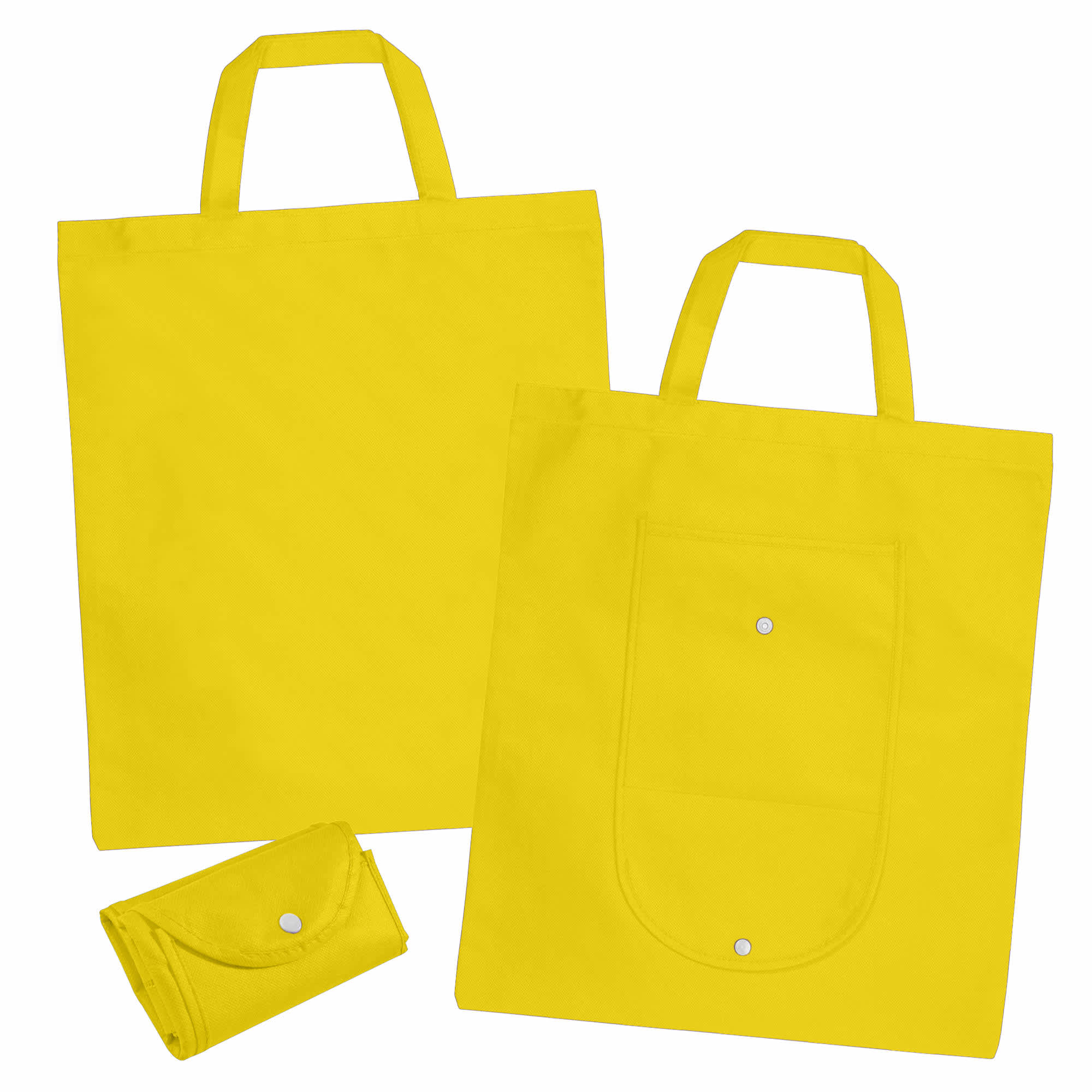 A bright yellow non-woven foldable shopping bag, featuring two handles and a pocket on one side, with a smaller folded version.
