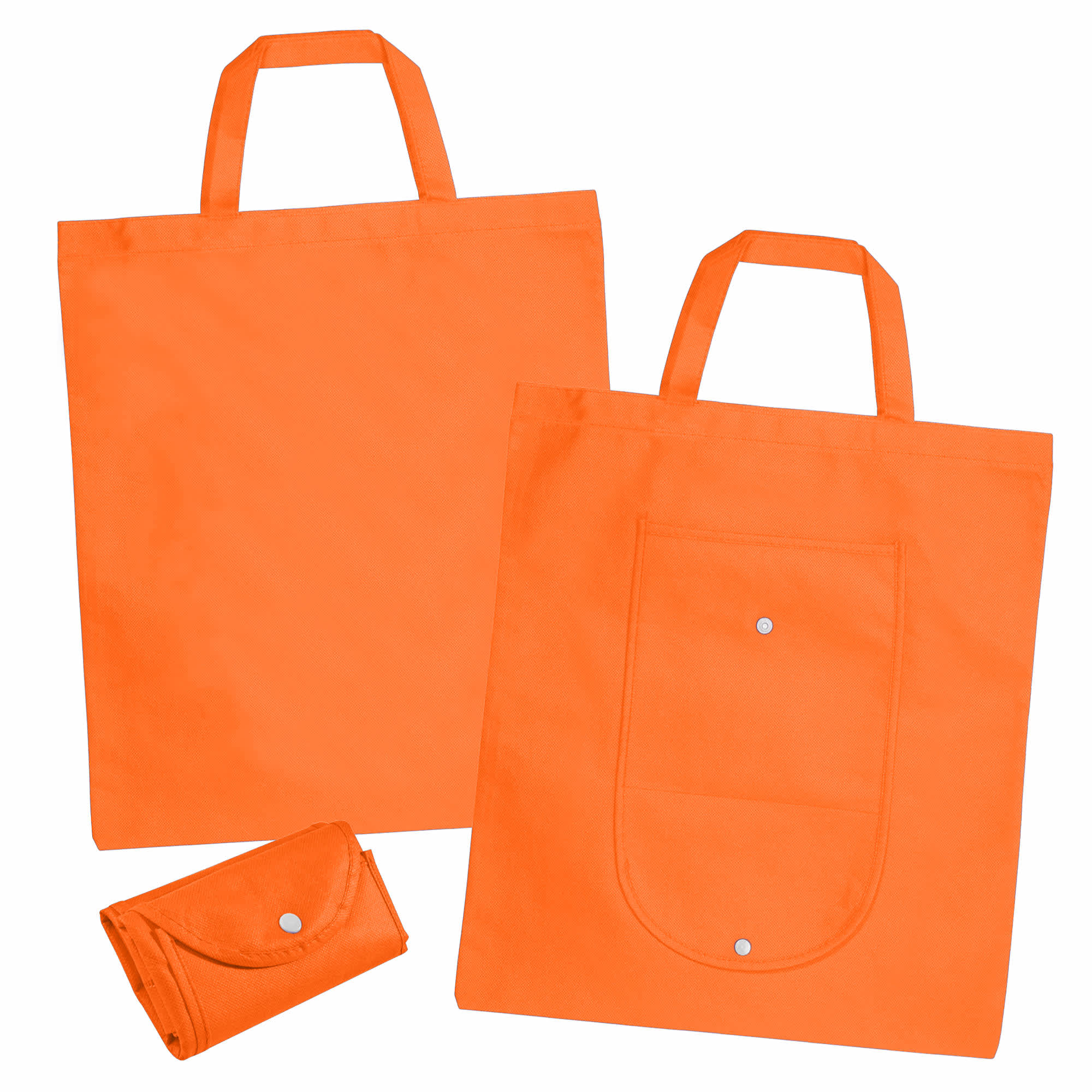 Two orange non-woven foldable shopping bags, one large with handles and one compactly folded with a snap closure.
