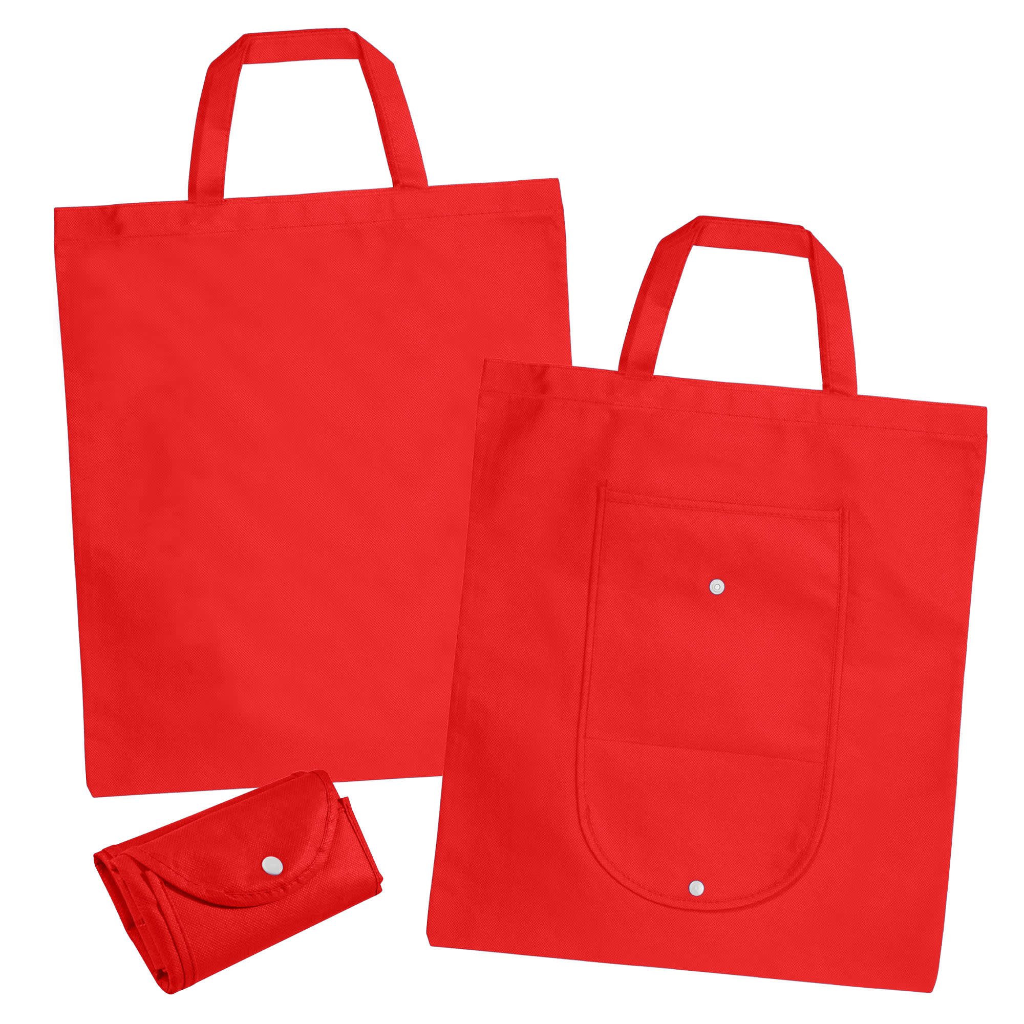 A red non-woven foldable shopping bag displayed alongside a compact, folded version. Features a logo on the front.