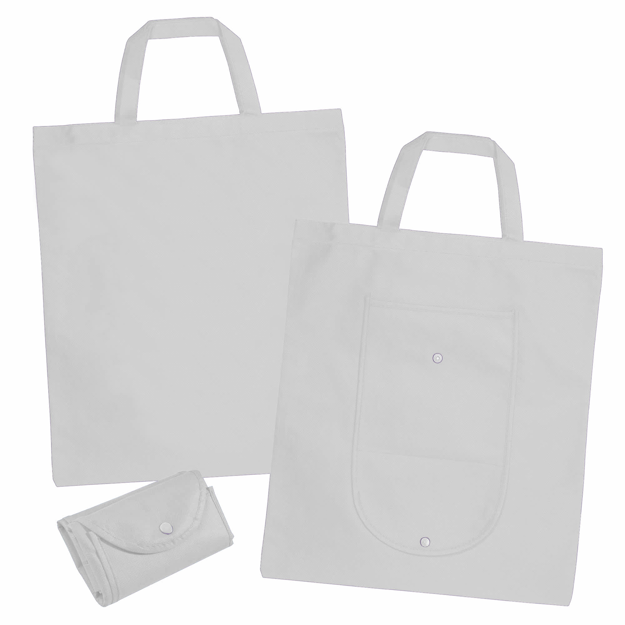 A grey non-woven foldable shopping bag featuring two handles and a front pocket, with a compact folded version.