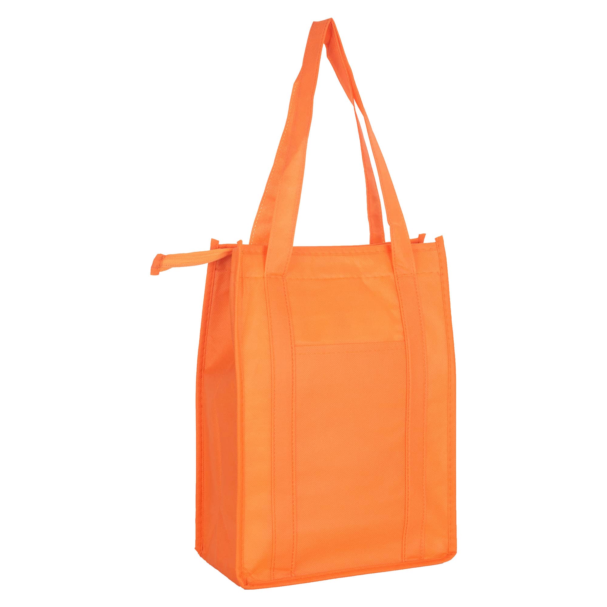 An orange non-woven cooler bag with a top zip closure and two handles, featuring a logo.