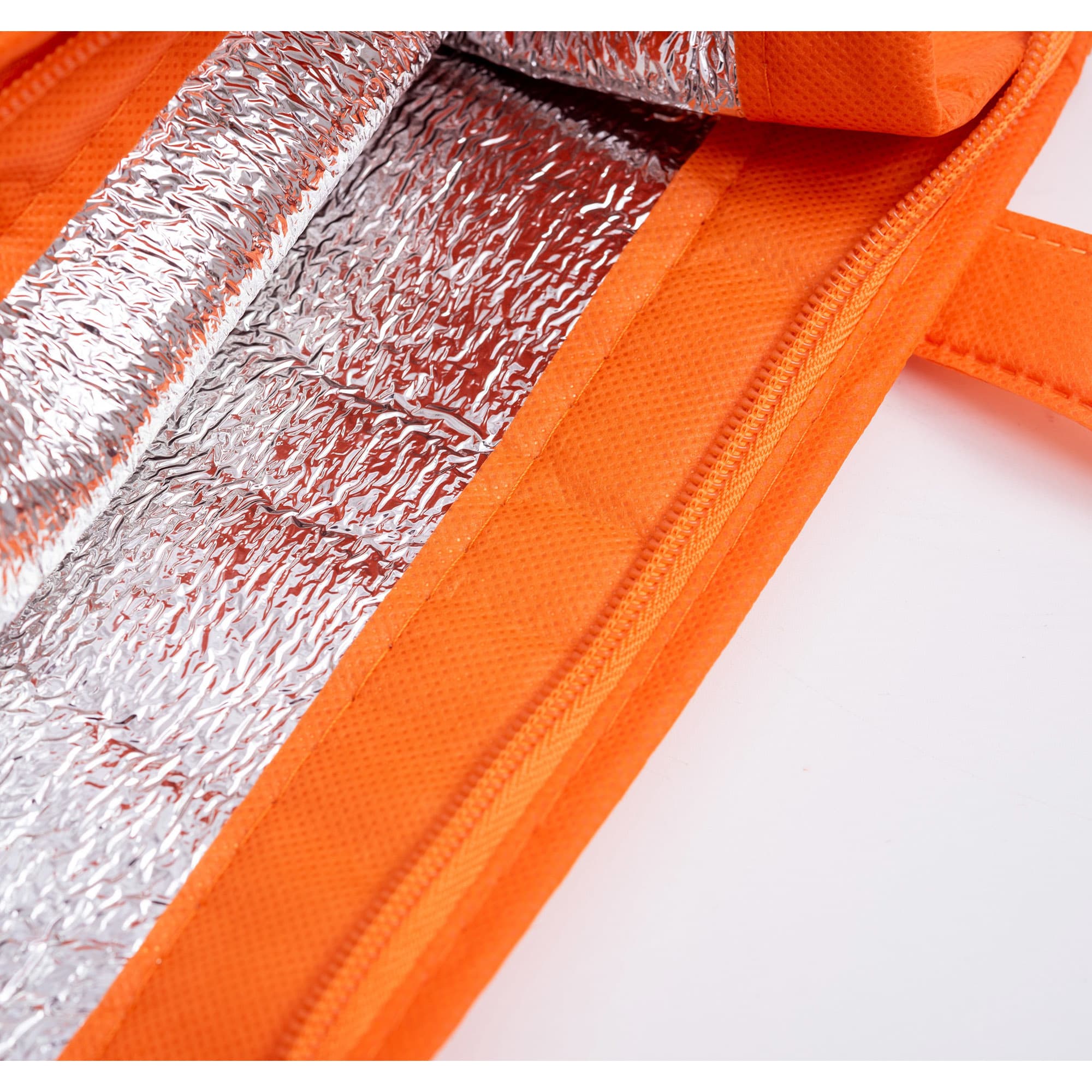 An orange non-woven cooler bag with a top zip closure and insulated silver lining. It features a branded logo.