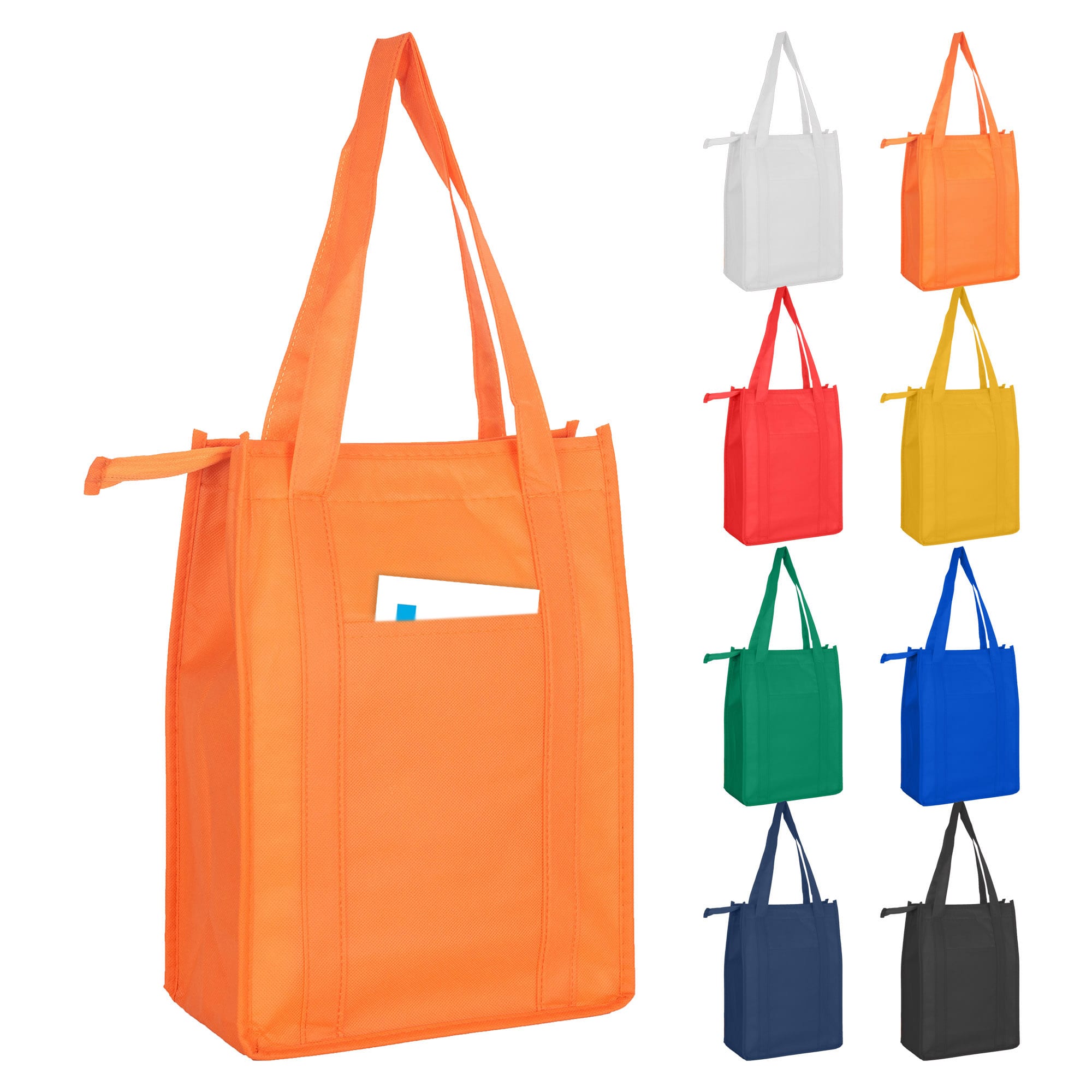 An orange non-woven cooler bag with a top zip closure and a front pocket, alongside options in eight other colours.
