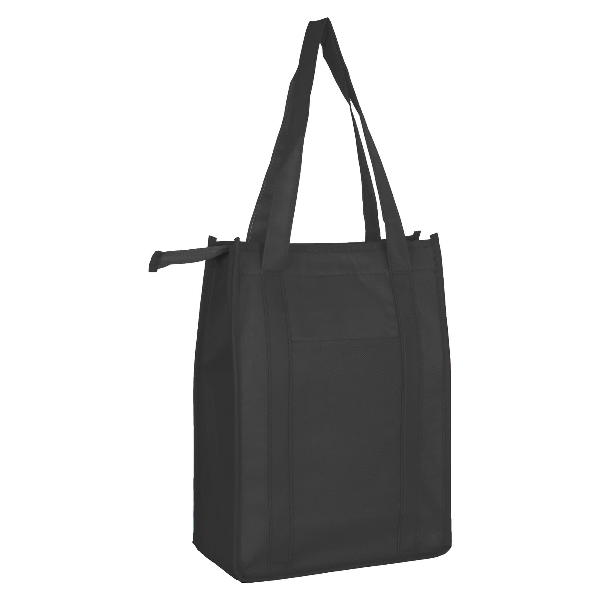 A black non-woven cooler bag with a top zip closure and sturdy handles, featuring a logo.