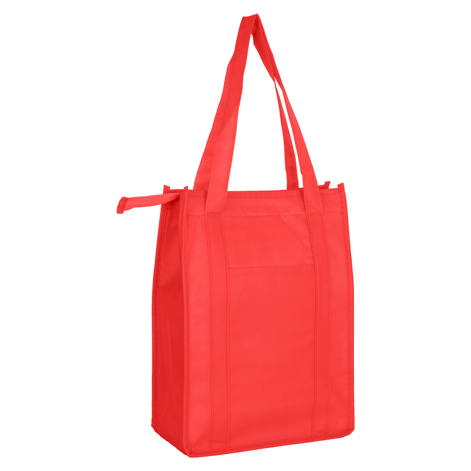 A red non-woven cooler bag with a top zip closure and two carrying handles. It features a logo on one side.
