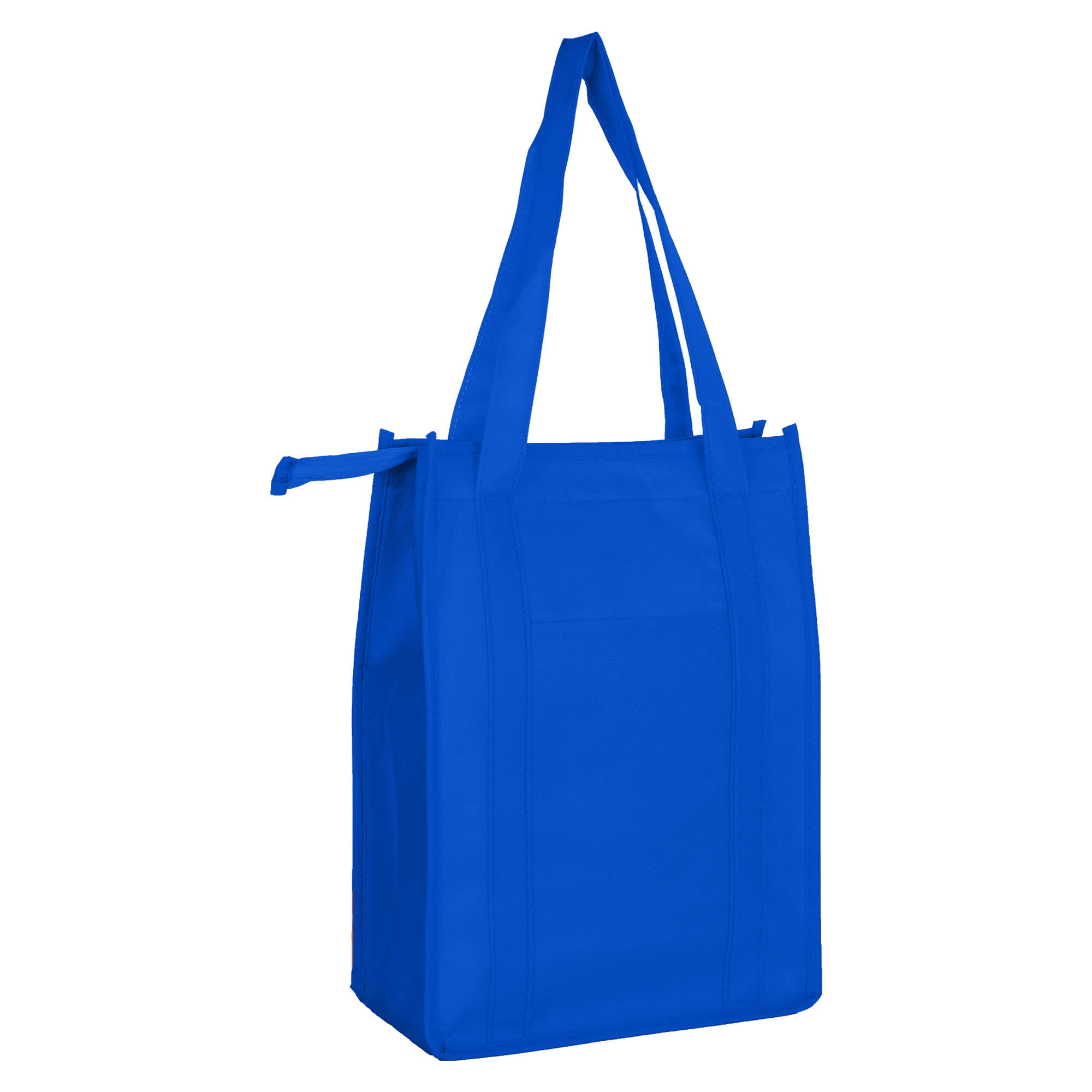 A blue non-woven cooler bag with a top zip closure and two carry handles. It features a logo on the front.