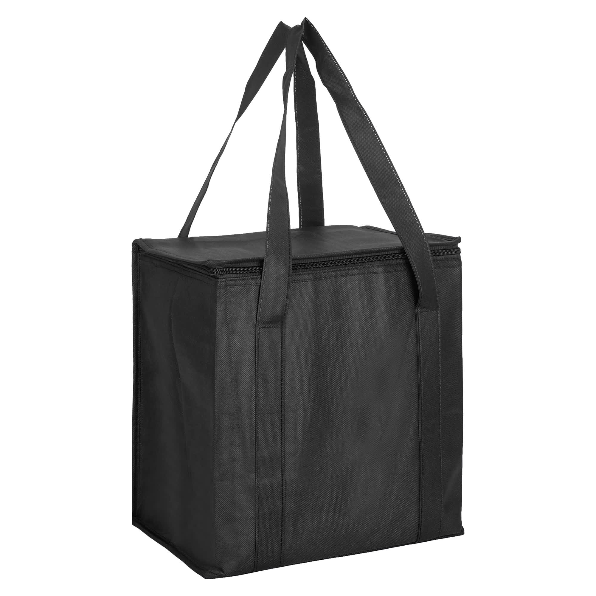A black non-woven cooler bag with a zipped lid and two sturdy handles. It features a logo on one side.