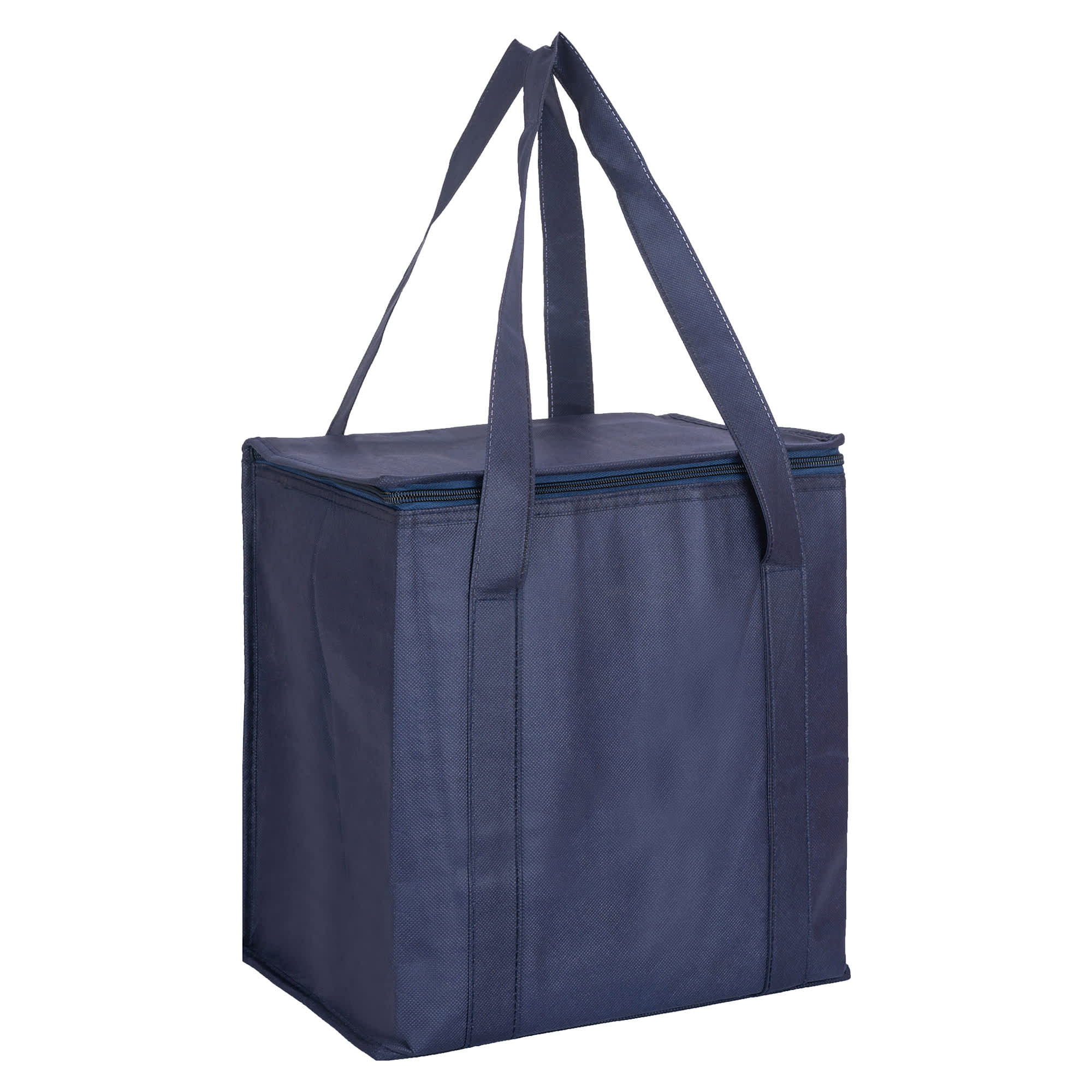A navy non-woven cooler bag with a zipped lid and two sturdy handles. It features a logo on the side.