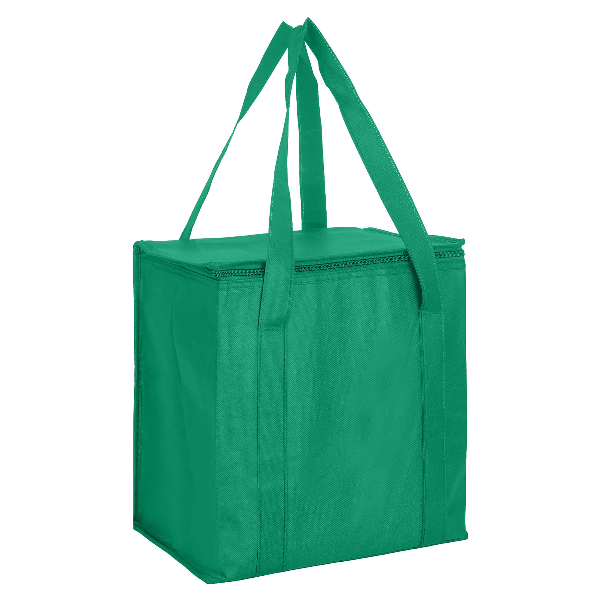 A green non-woven cooler bag with a zipped lid and two tote handles, featuring a logo.
