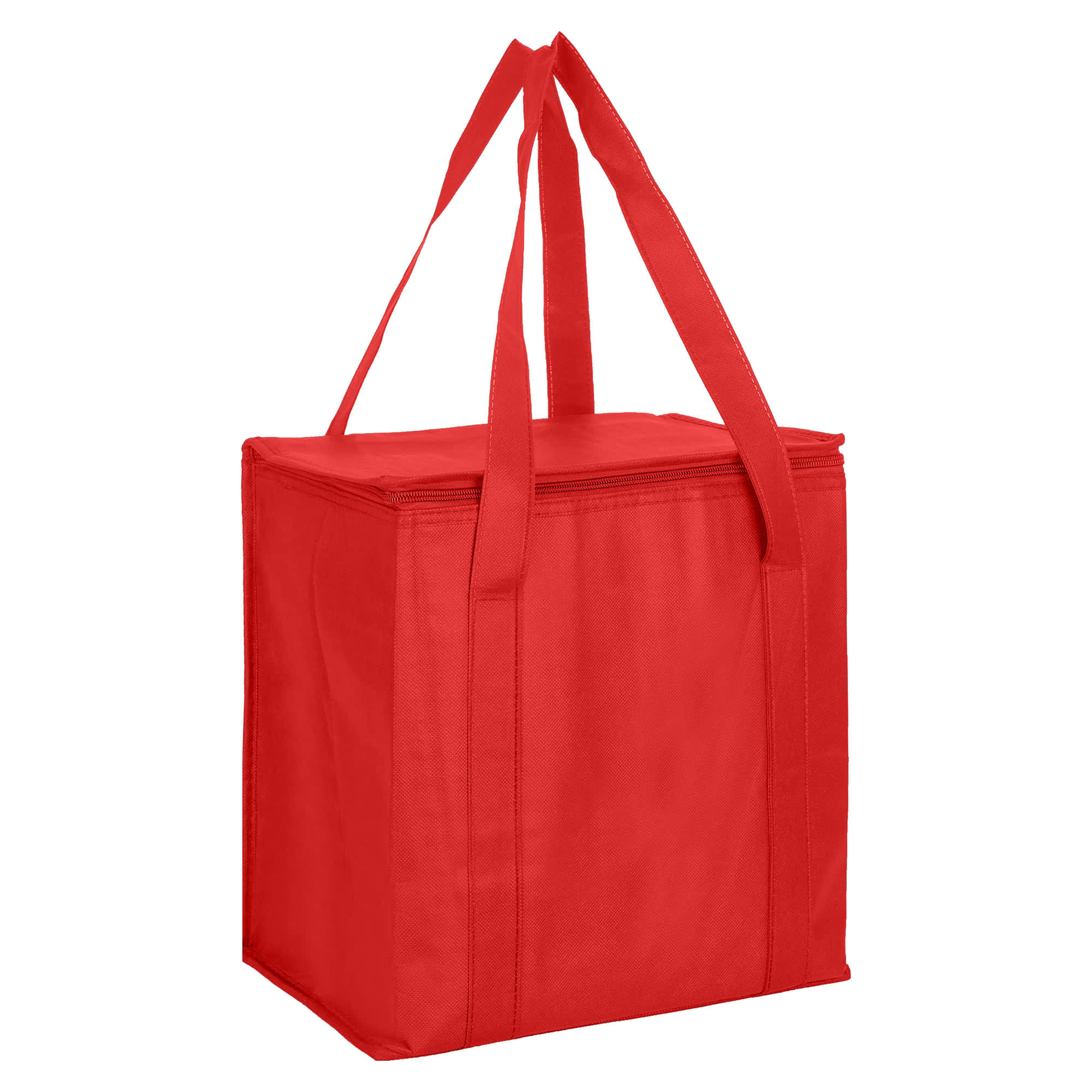 A red non-woven cooler bag with a zipped lid and two sturdy handles. It features a logo on the side.