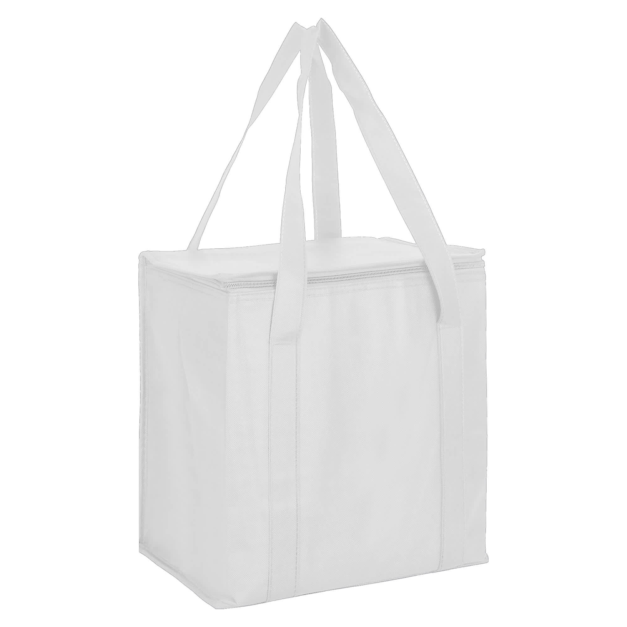 A white non-woven cooler bag with a zipped lid and two handles. It features a logo on the side.