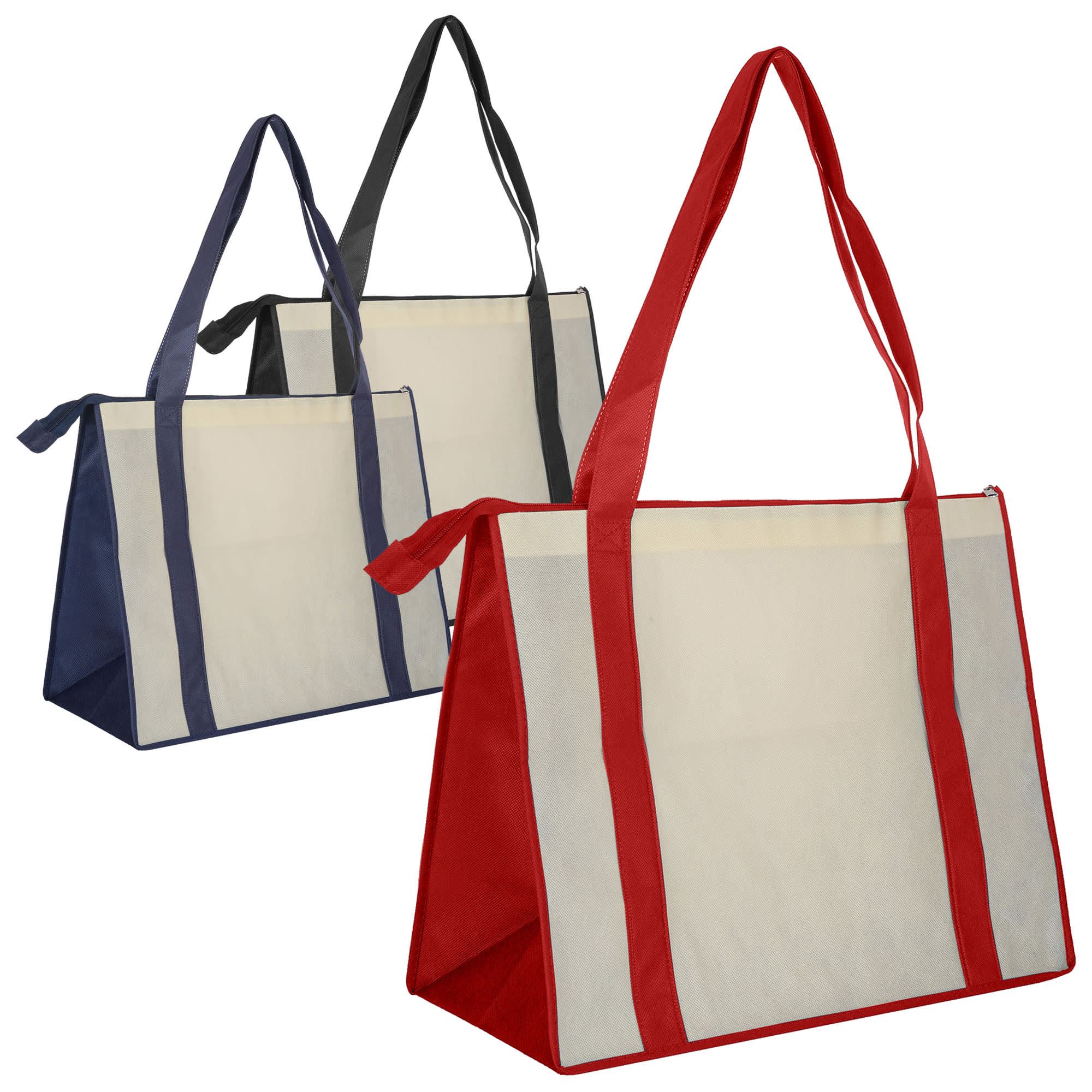A large zipped shopping bag in red, navy, and black, featuring sturdy handles and a logo.