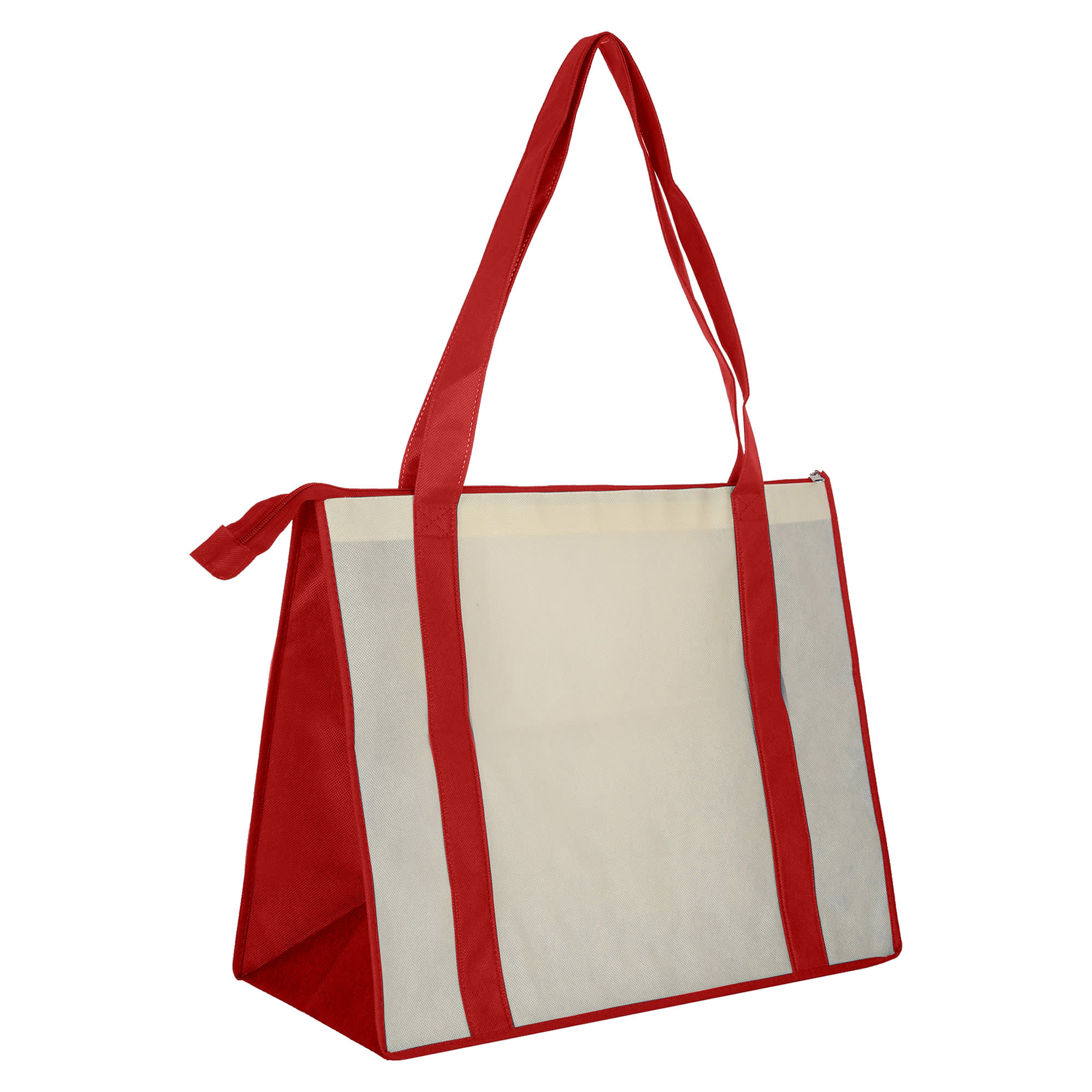 A large zipped shopping bag in red with a cream panel, featuring long handles and a zipped closure.