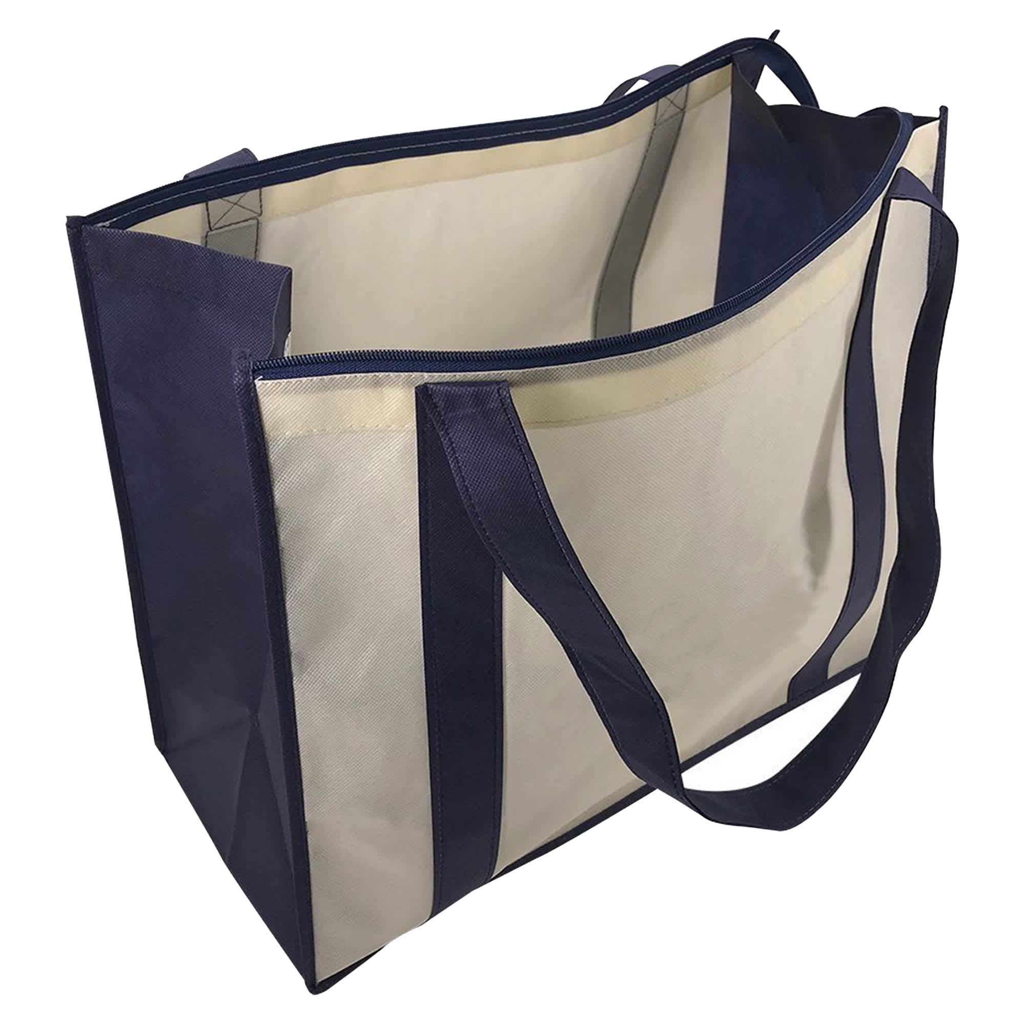 A large zipped shopping bag in navy blue and cream, featuring a spacious interior and sturdy handles.