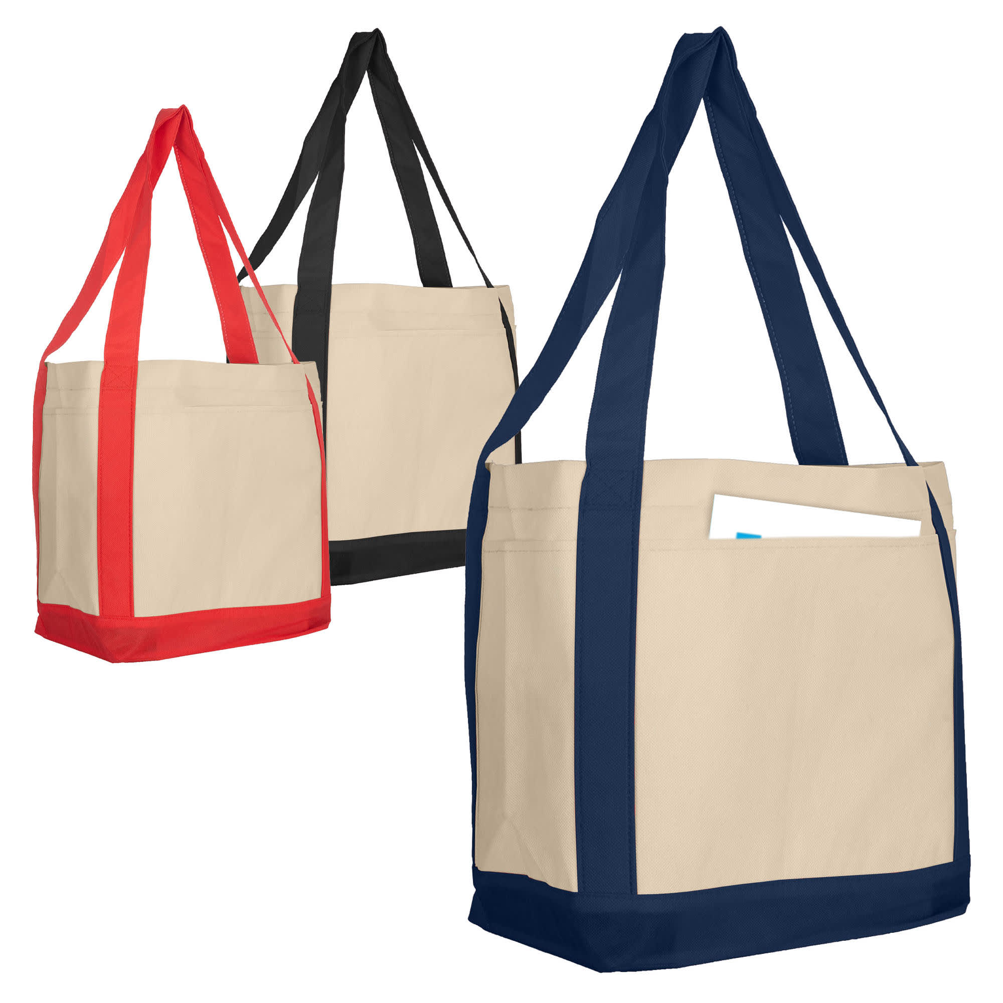 A set of three reusable non-woven shopper bags in red, black, and navy, featuring sturdy straps and a side pocket.