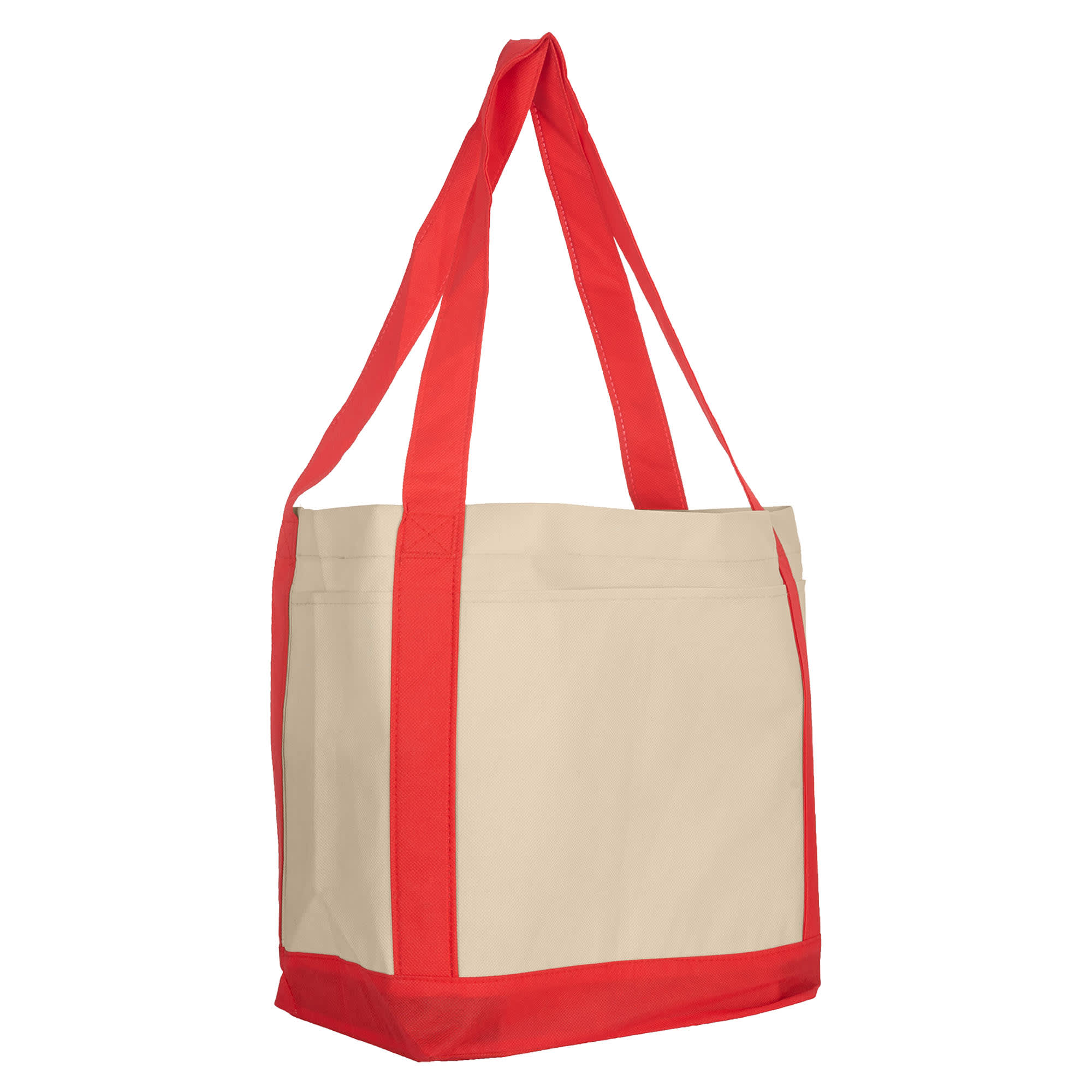 A larger shopper bag in beige with red accents and sturdy handles. It features a logo on the front.