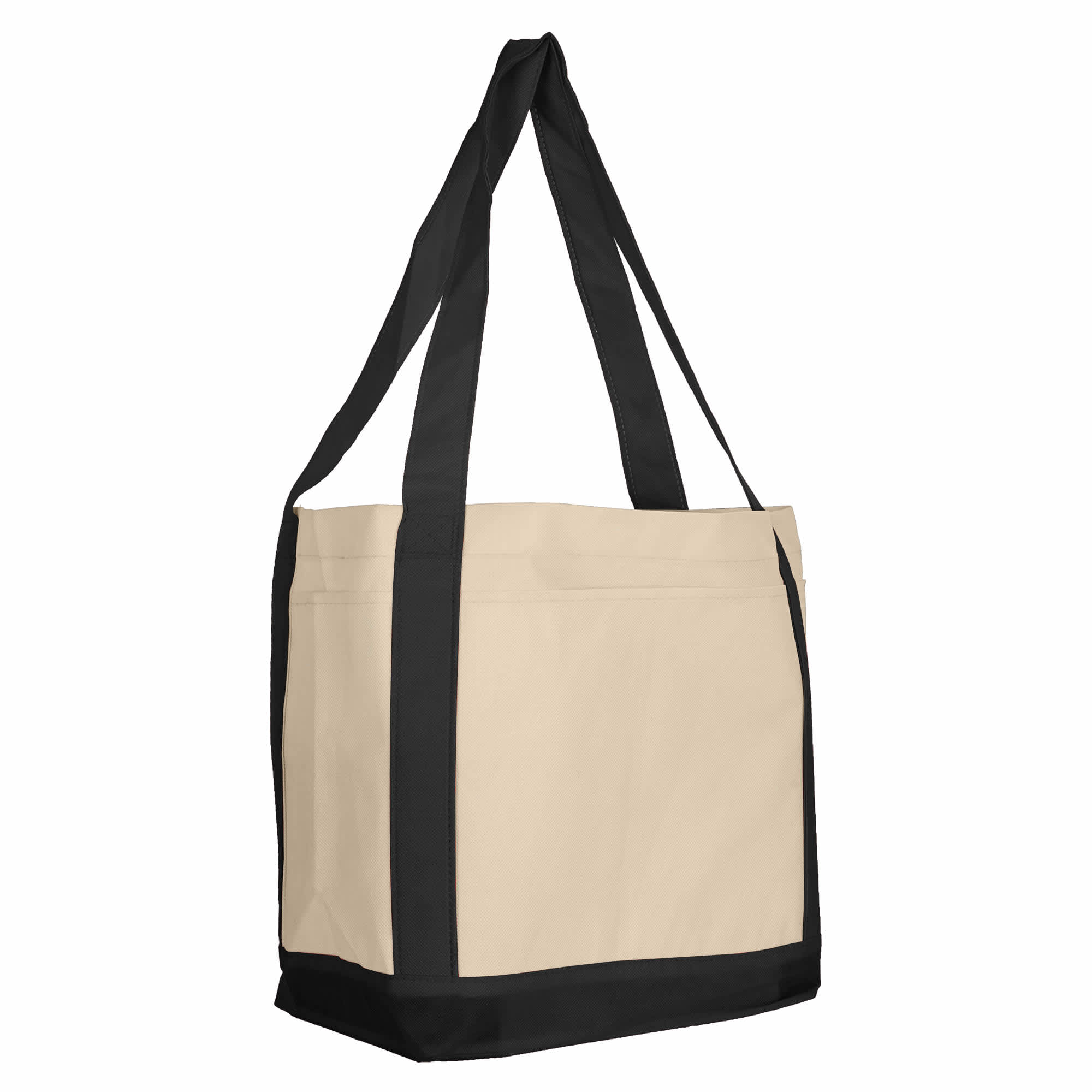 A beige non-woven reusable grocery bag with black straps and a simple design. It features a logo.