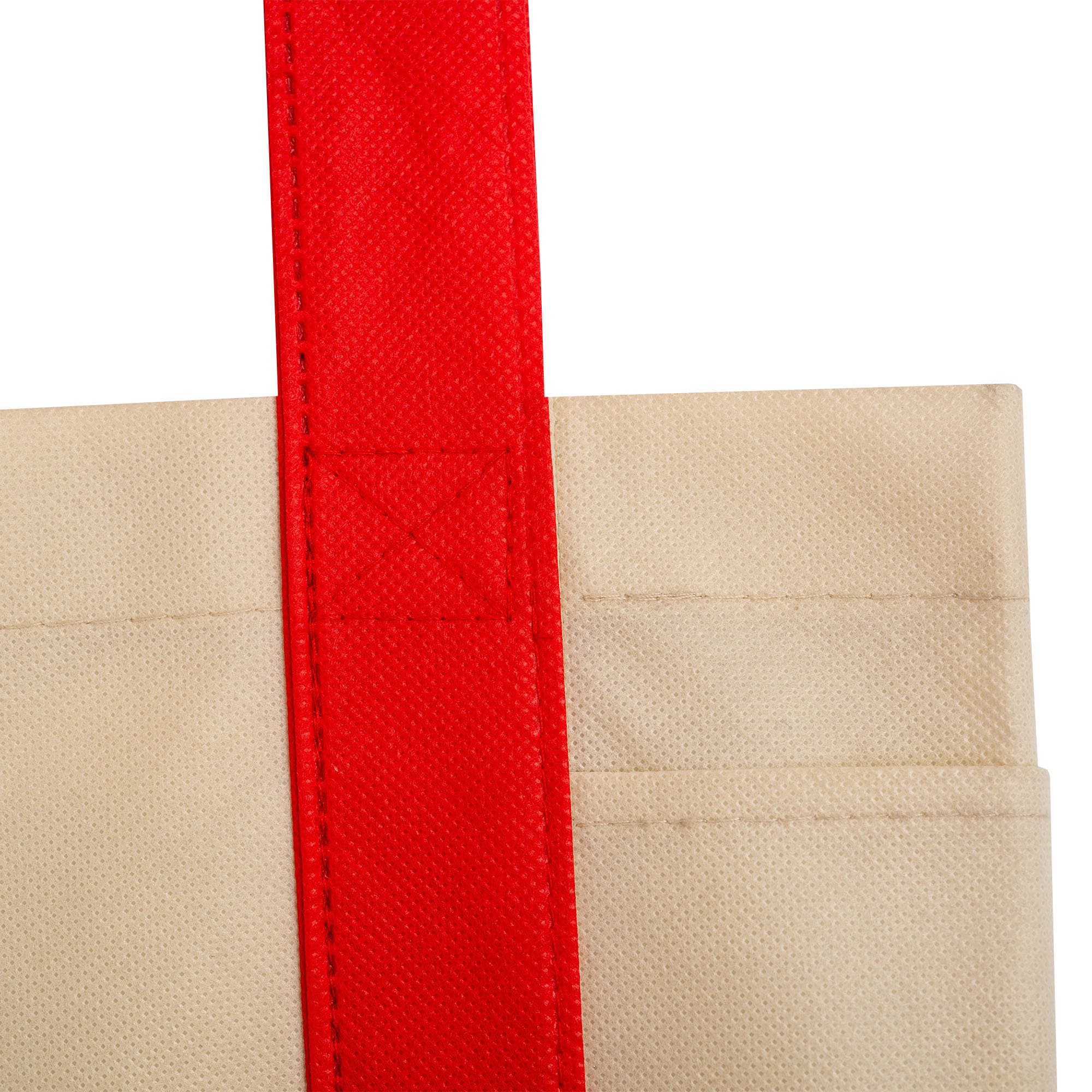 A reusable grocery bag in a beige colour with a red handle, featuring a branding logo.