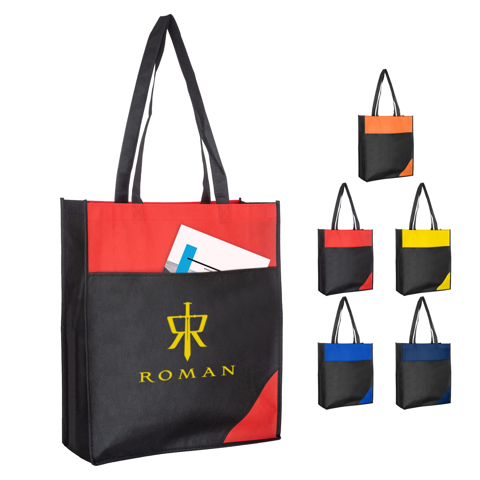 A non-woven reusable grocery bag featuring a mix of red, black, and additional colours, with a logo on the front.
