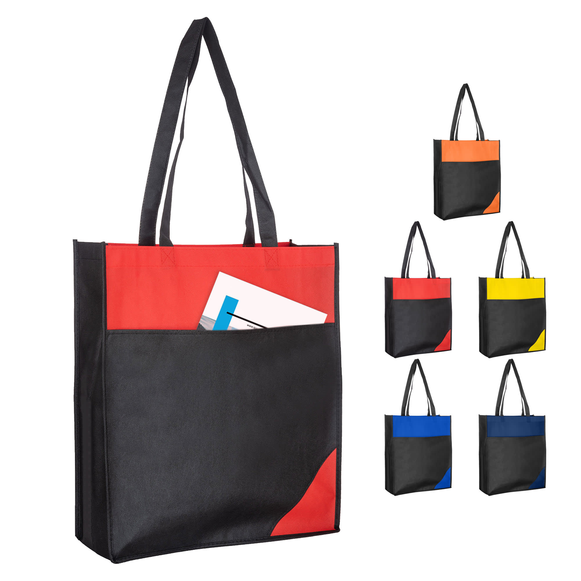 A reusable non-woven bag in black and red, featuring a pocket and available in various colours. It has a logo.