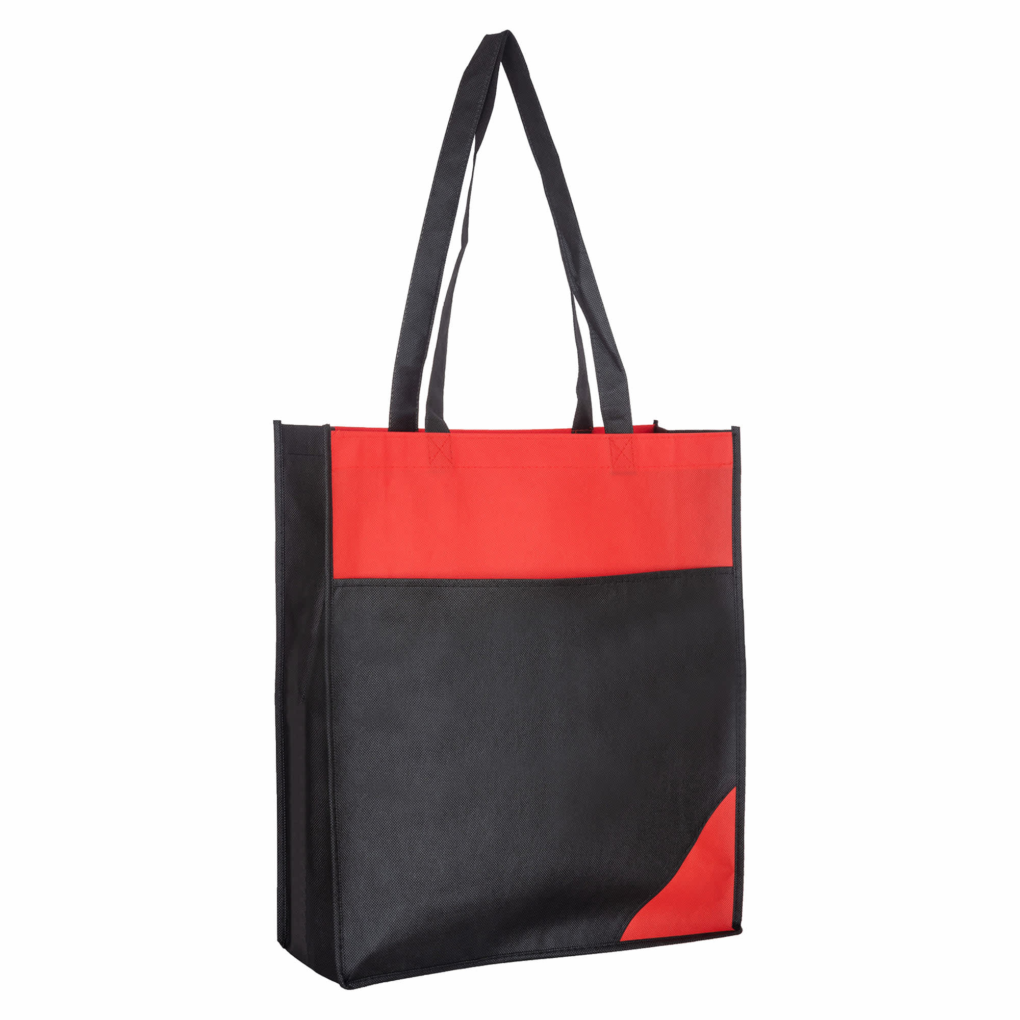 A reusable grocery bag in black with red accents, featuring long handles and a logo.