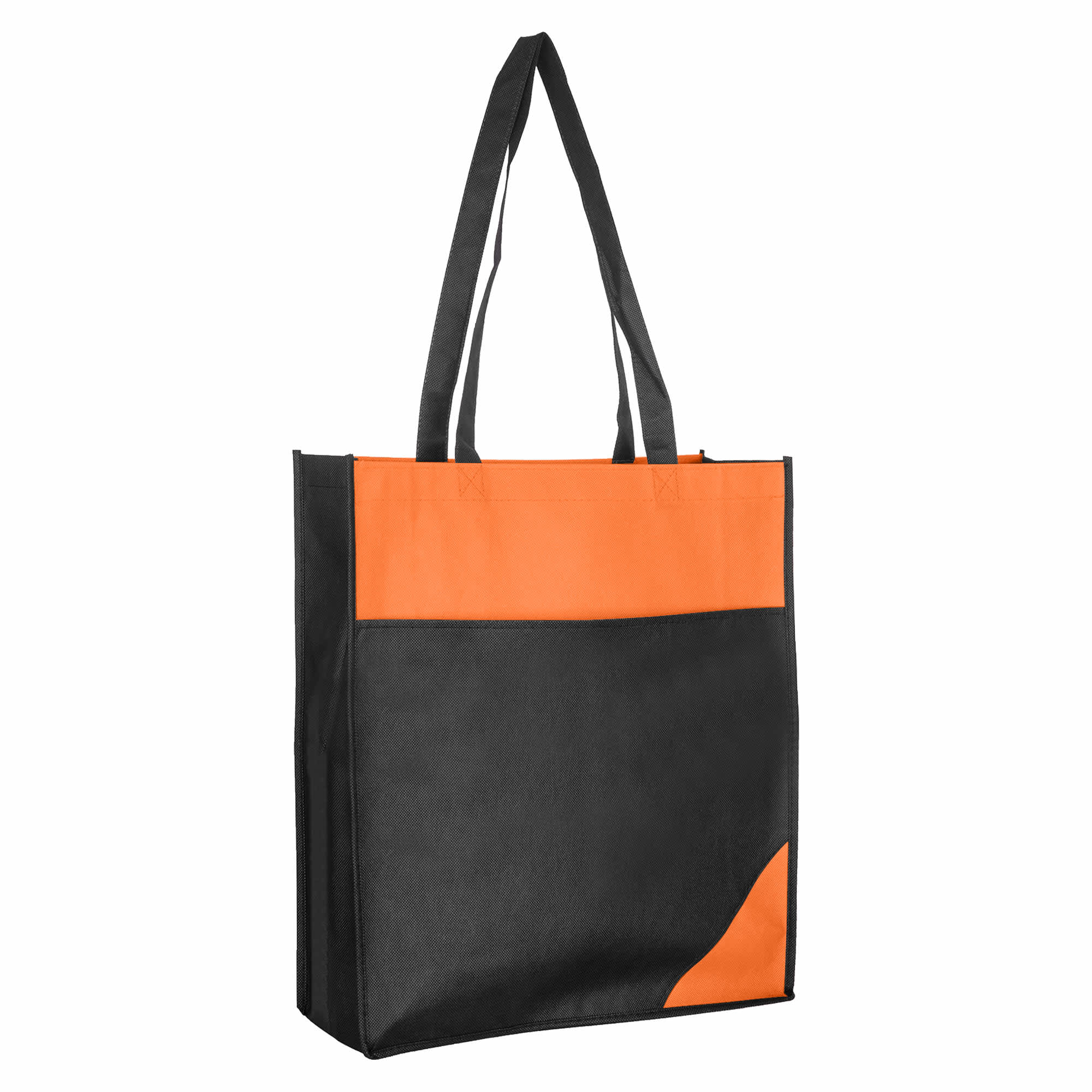 A reusable grocery bag in black with an orange accent, featuring two sturdy handles and a logo.