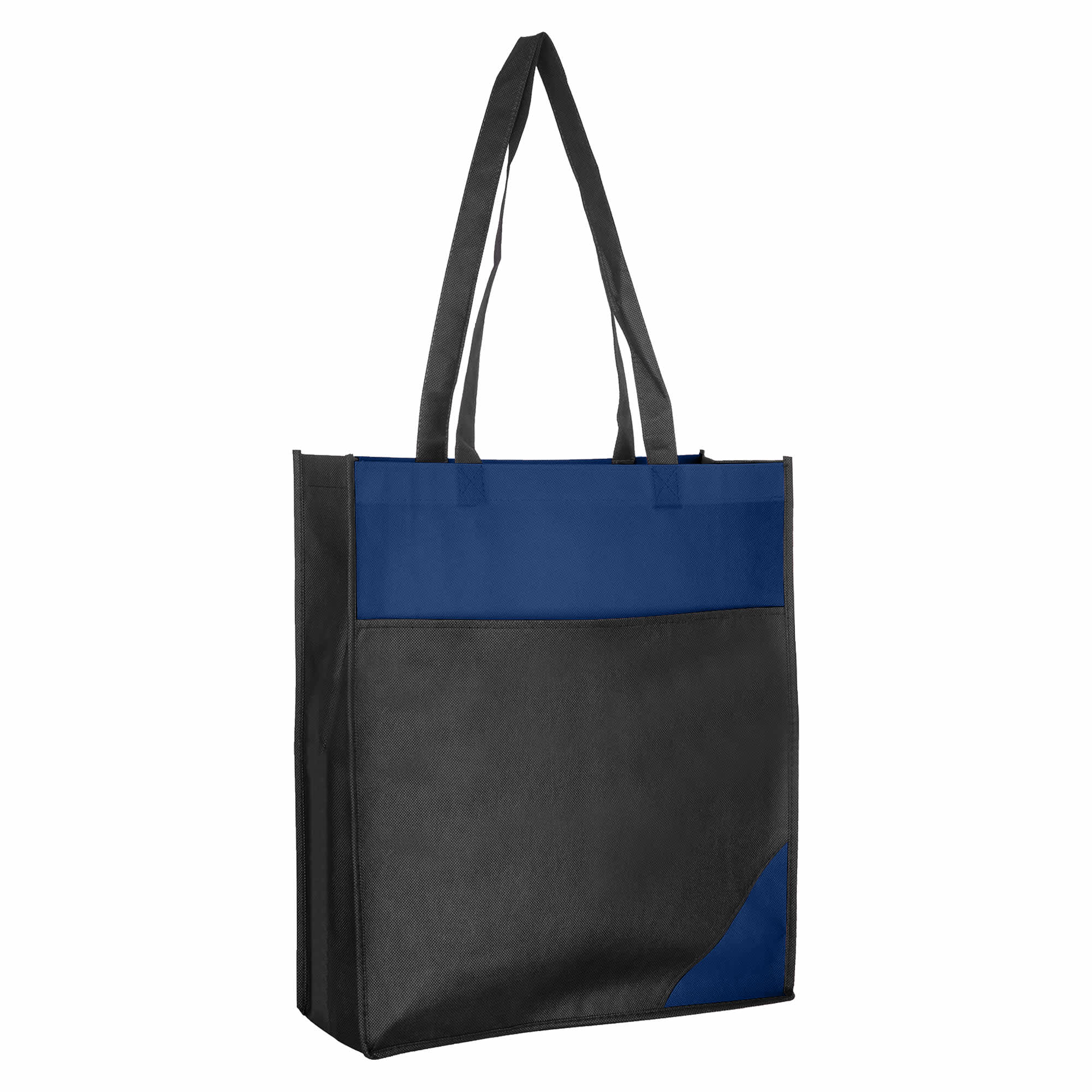 A reusable grocery bag in black and blue, featuring long handles and a logo on the front.