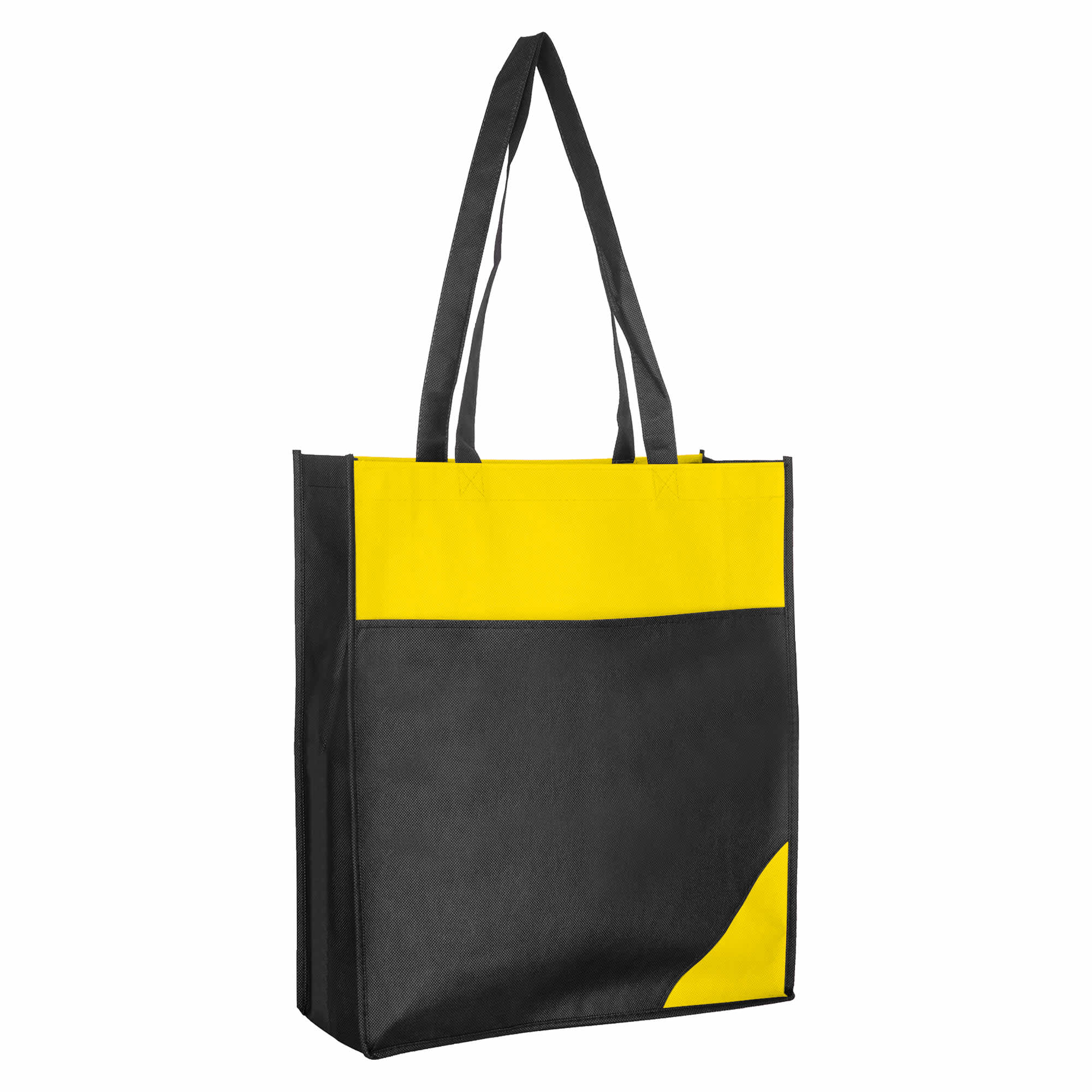 A reusable grocery bag in black and yellow, featuring straps and a logo.