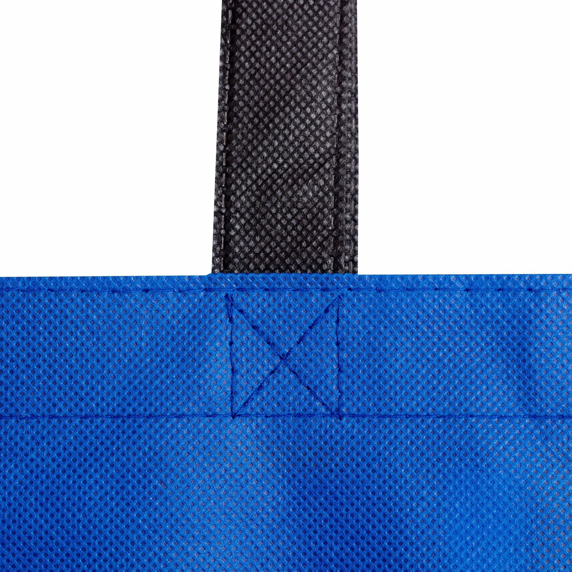 A reusable non-woven bag featuring a blue body and a black handle, with visible stitching details.
