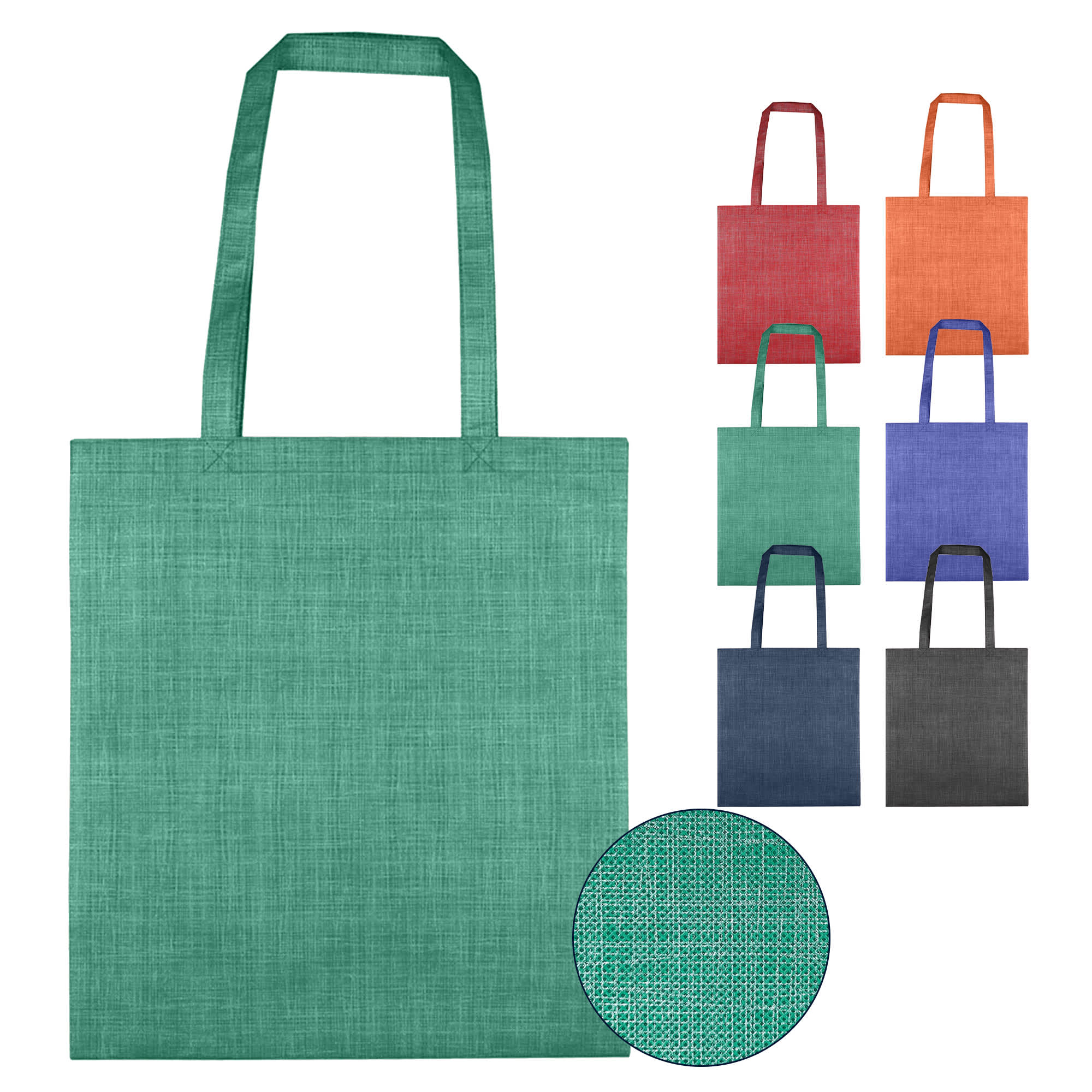 A green non-woven bag with a patterned texture, accompanied by variants in red, orange, blue, and dark shades.
