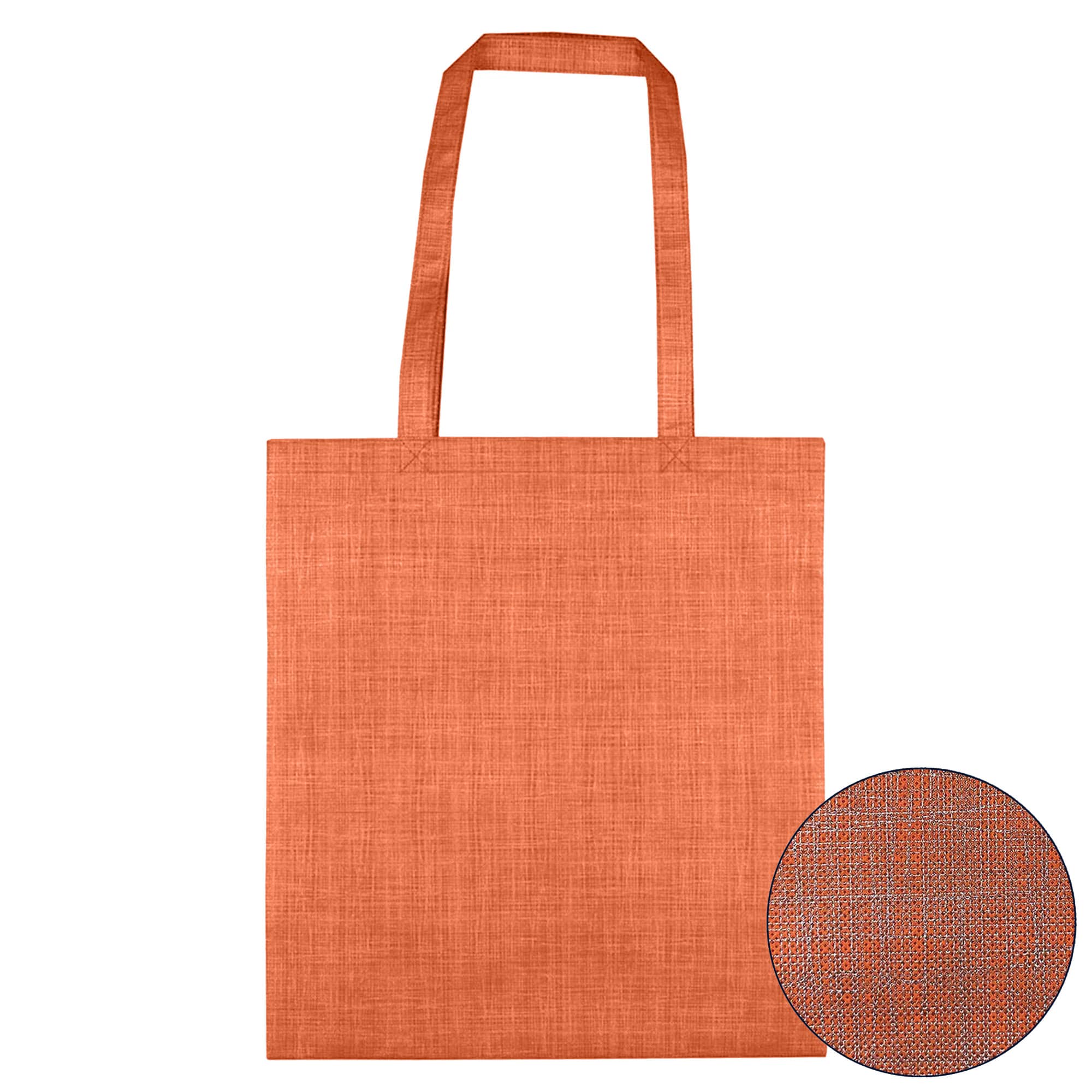 An orange patterned non-woven bag with two handles and a textured close-up detail. It features branding on one side.