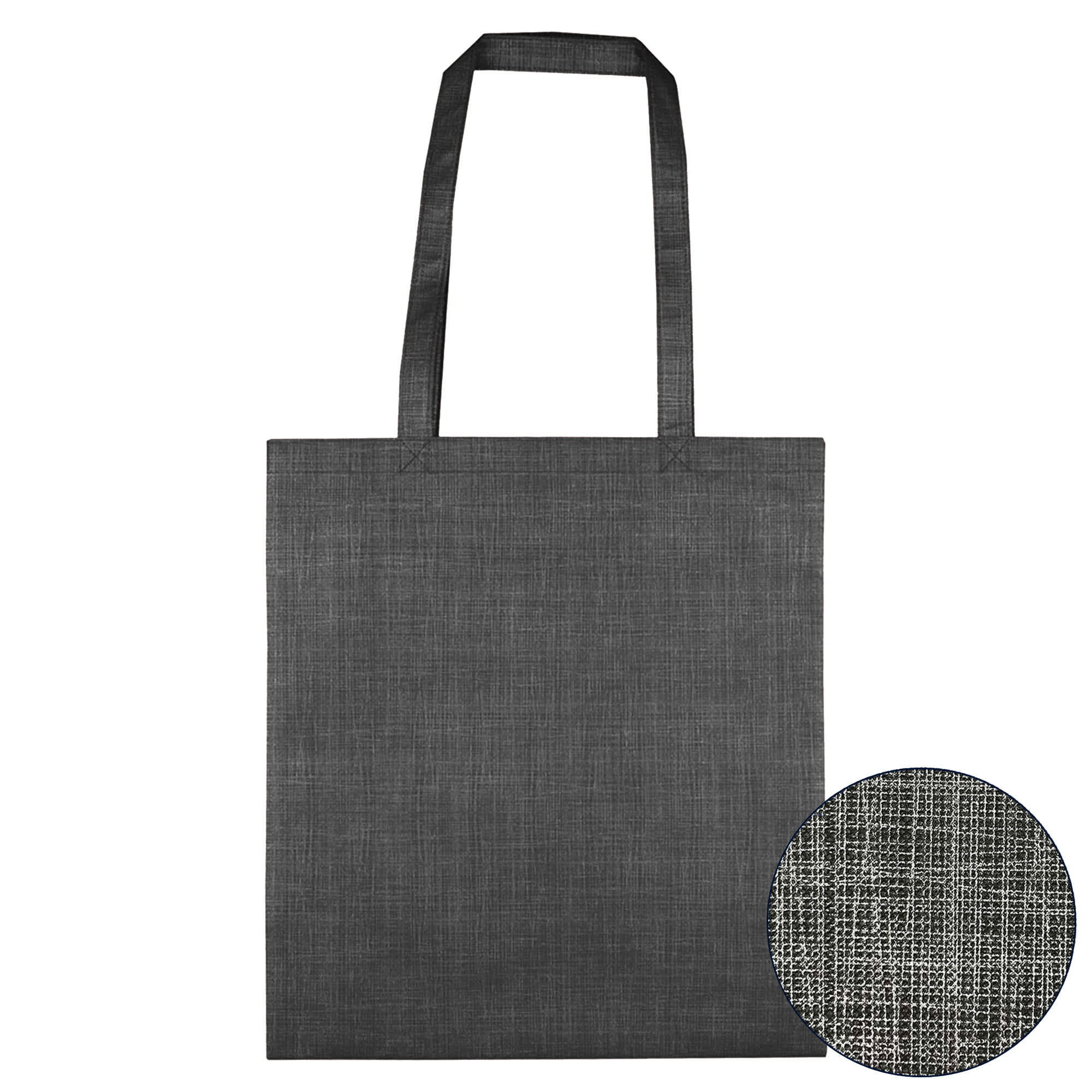 A dark grey non-woven bag with a silver line patterned design and two sturdy handles. It includes a logo.